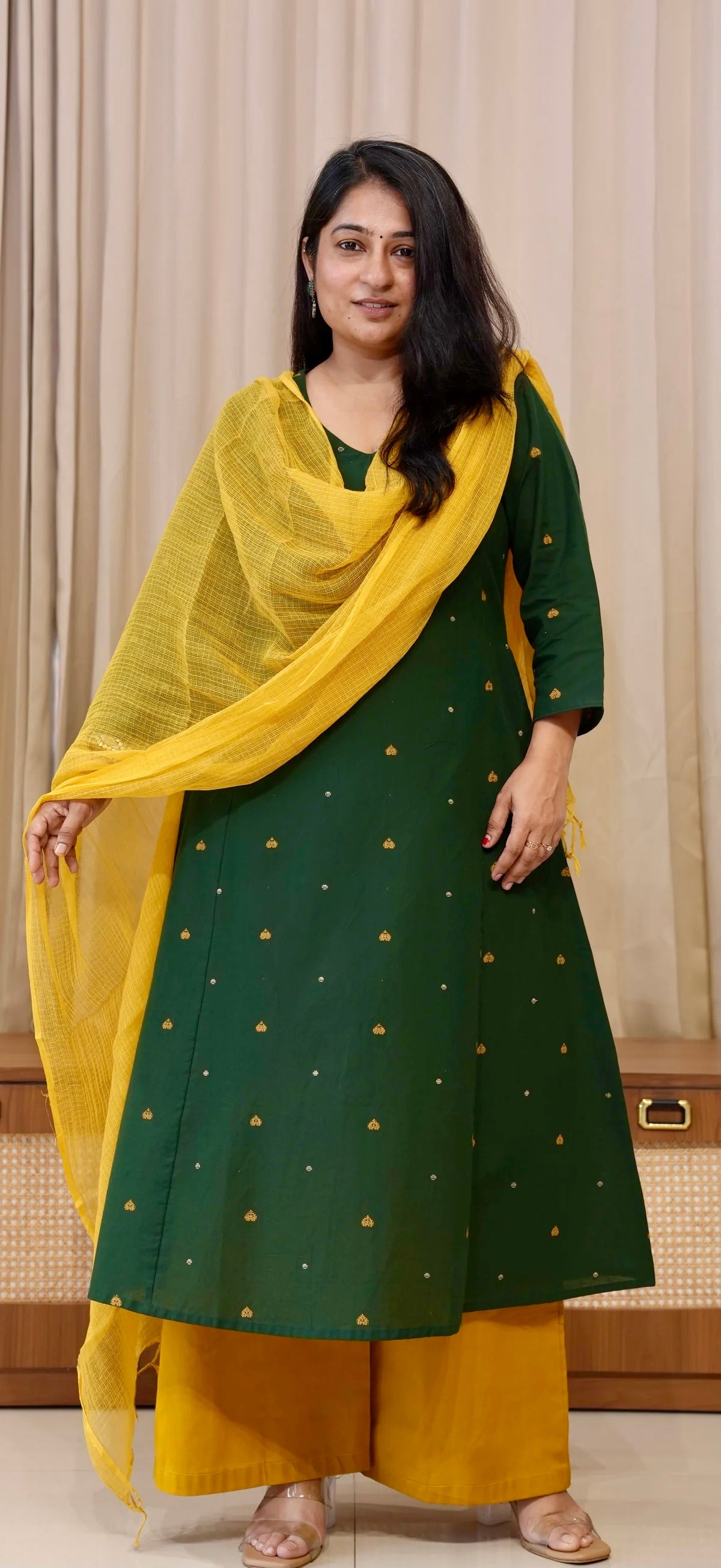 Hearts Handwoven Cotton Kurta - Dark Green