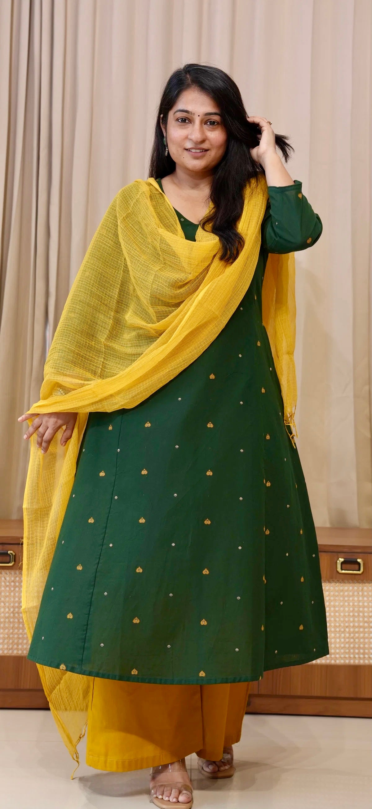 Hearts Handwoven Cotton Kurta - Dark Green