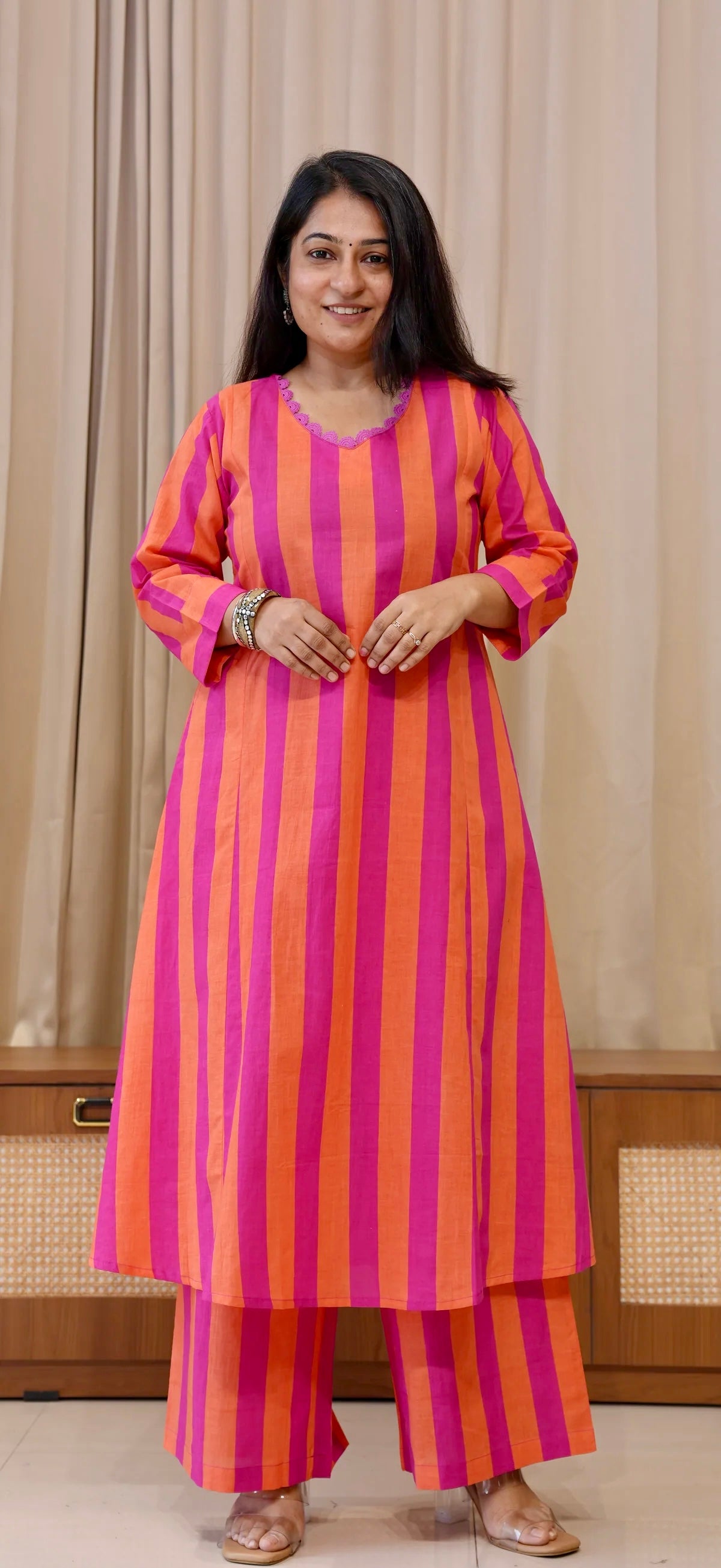 Orange/Pink Stripes Cotton Kurta