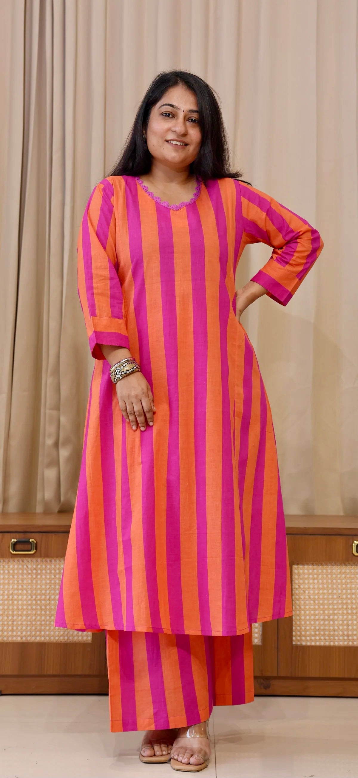 Orange/Pink Stripes Cotton Kurta