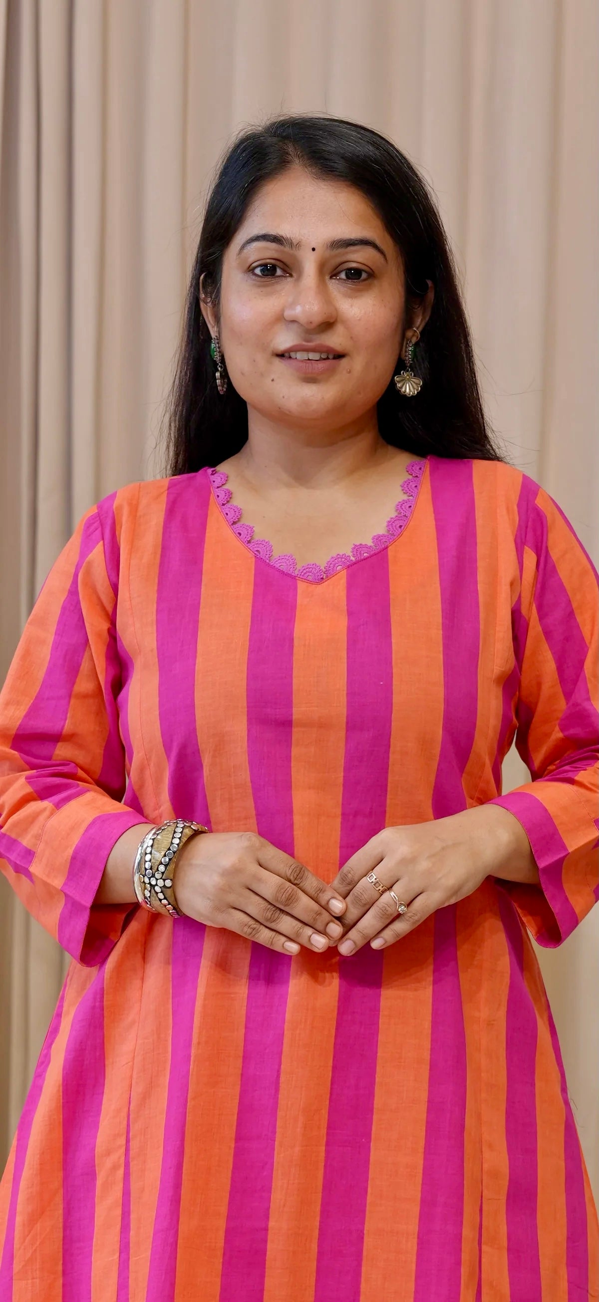Orange/Pink Stripes Cotton Kurta