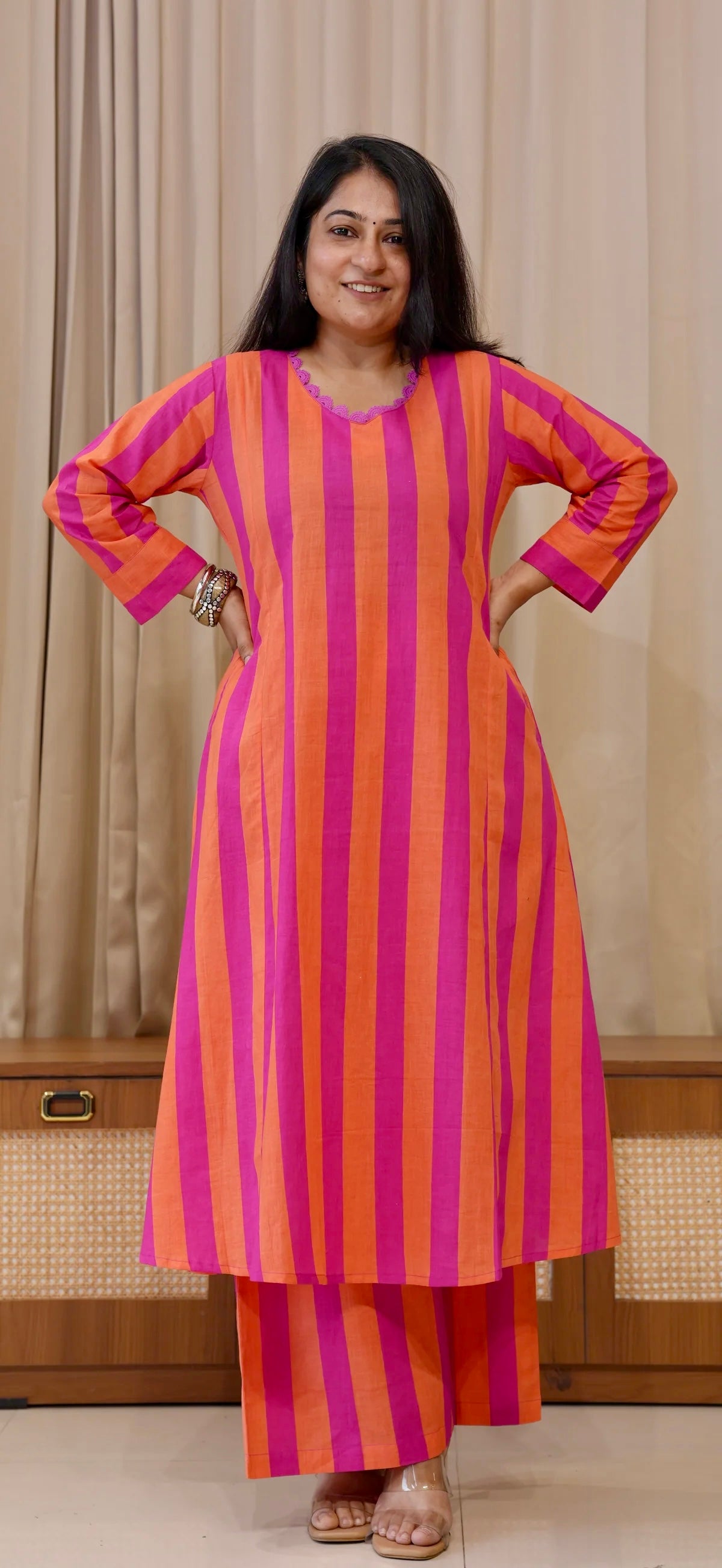 Orange/Pink Stripes Cotton Kurta