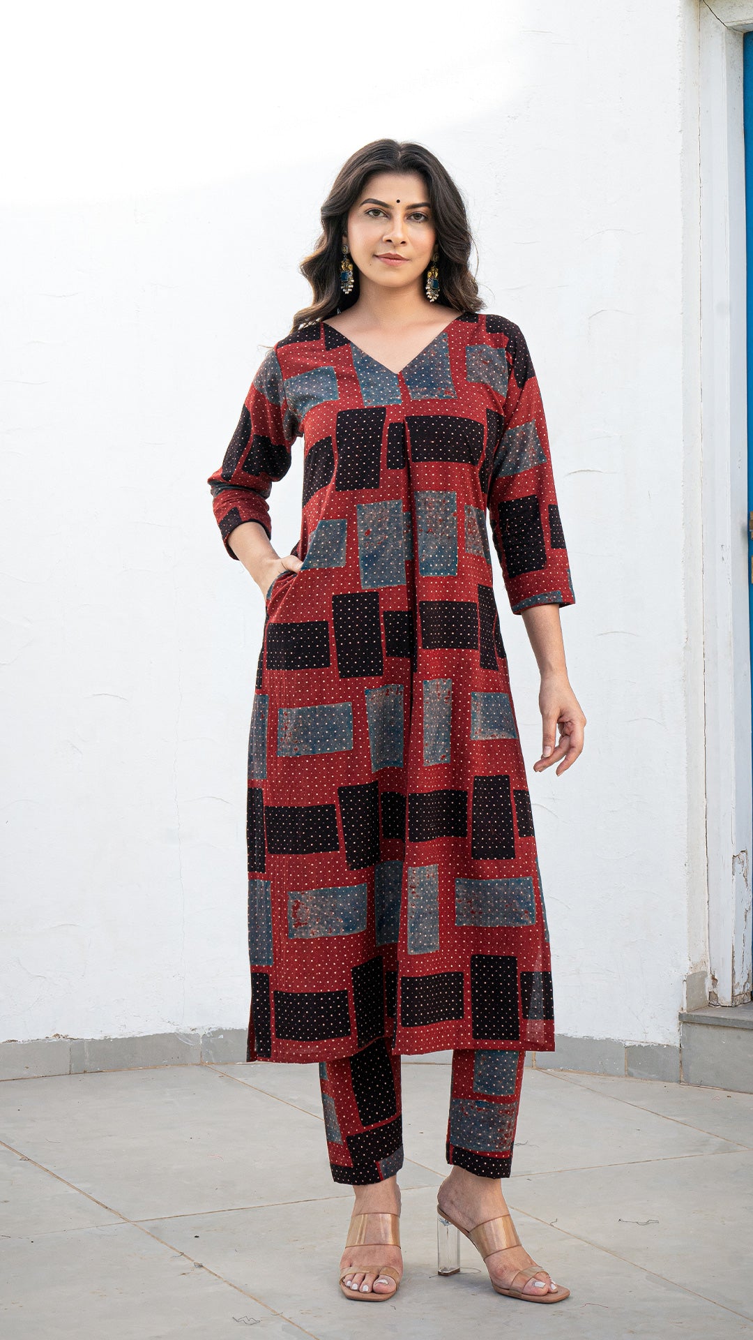 Aadhya Ajrakh Handblock Kurta - Brick Red