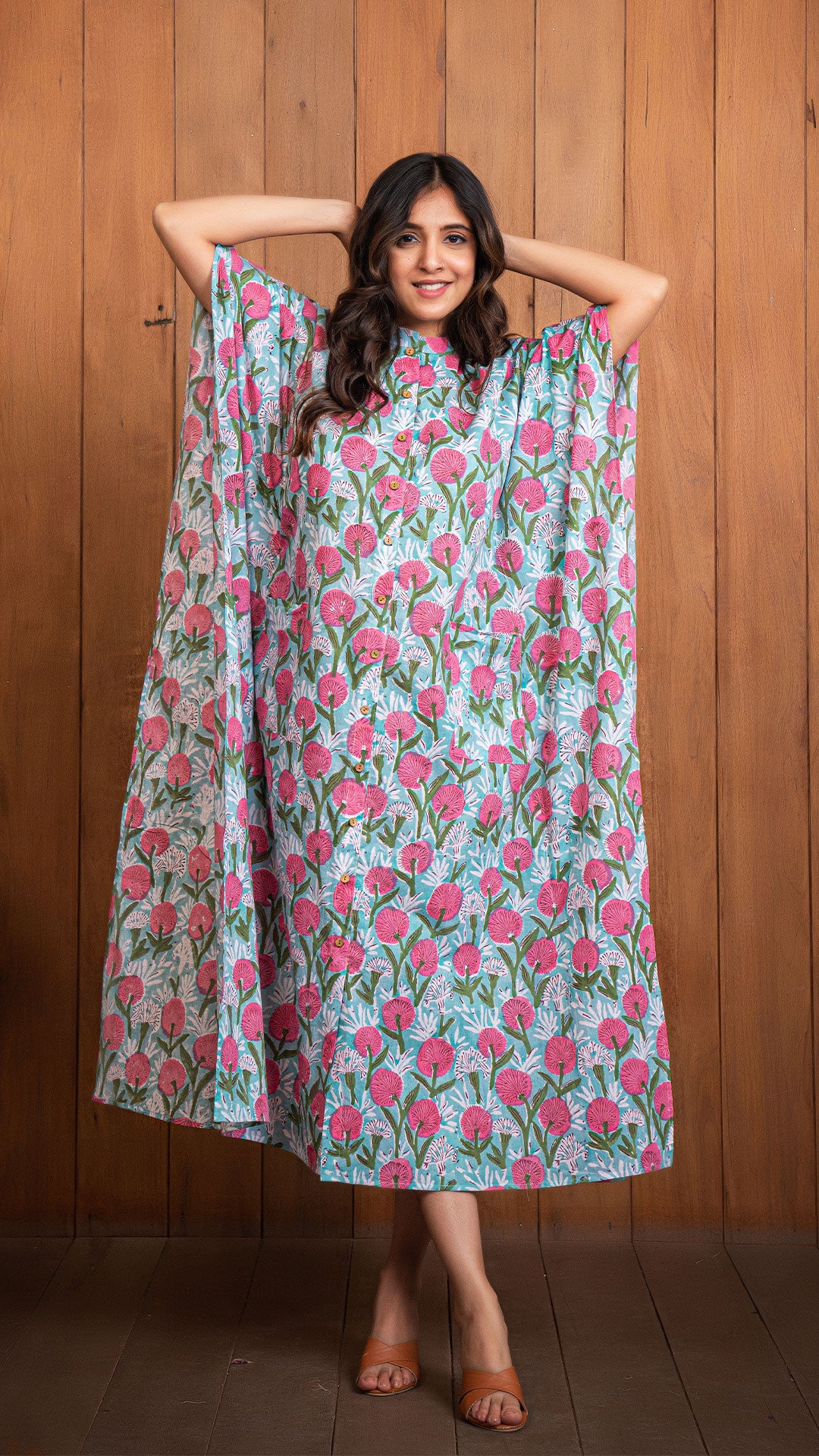 Shireen Sanganeri Print Cotton Kaftan - Pink/Blue