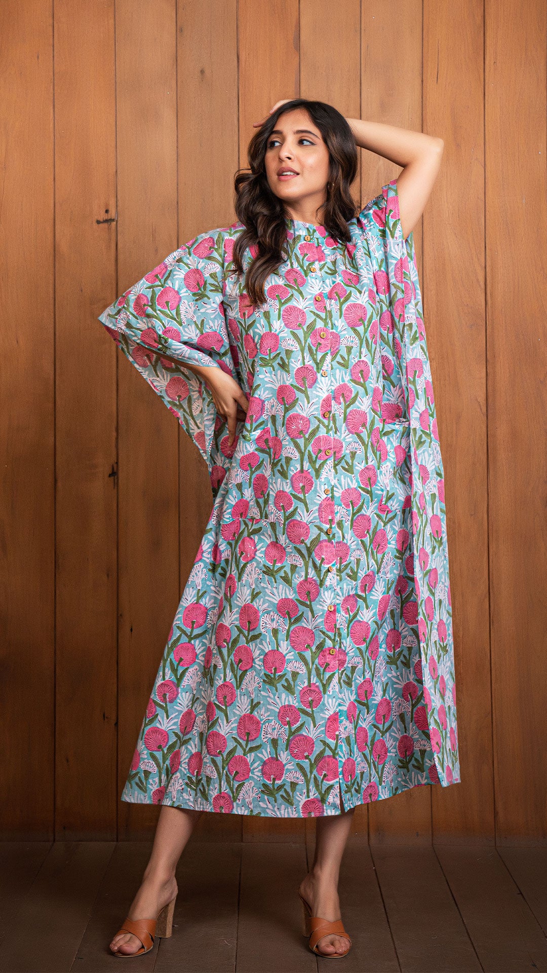 Shireen Sanganeri Print Cotton Kaftan - Pink/Blue