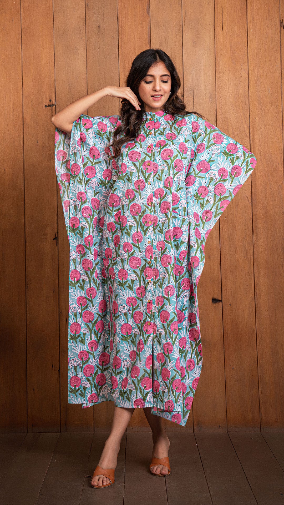 Shireen Sanganeri Print Cotton Kaftan - Pink/Blue