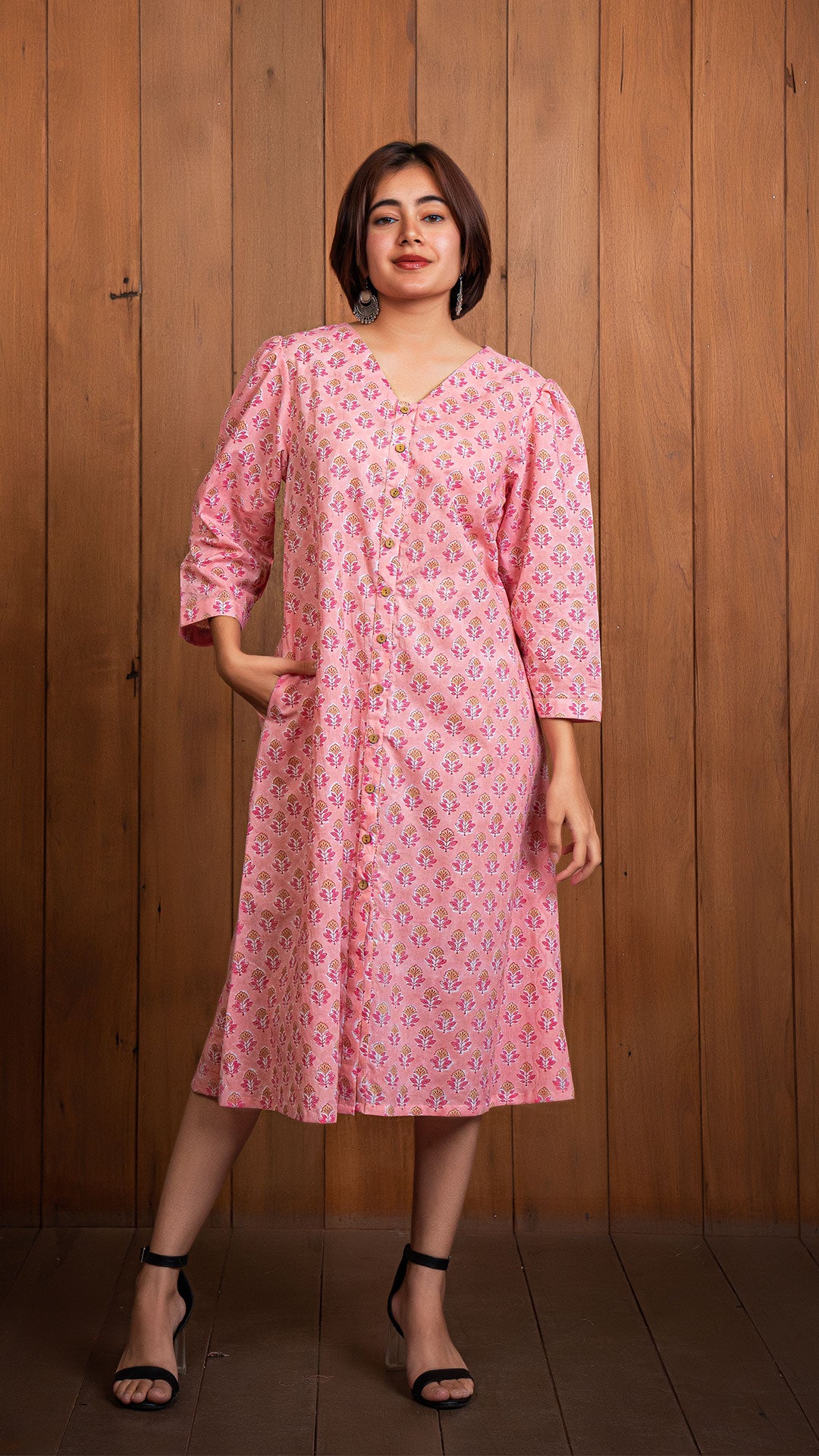 Aayushi Sanganeri Hand Block Cotton Shirt Dress - Peach