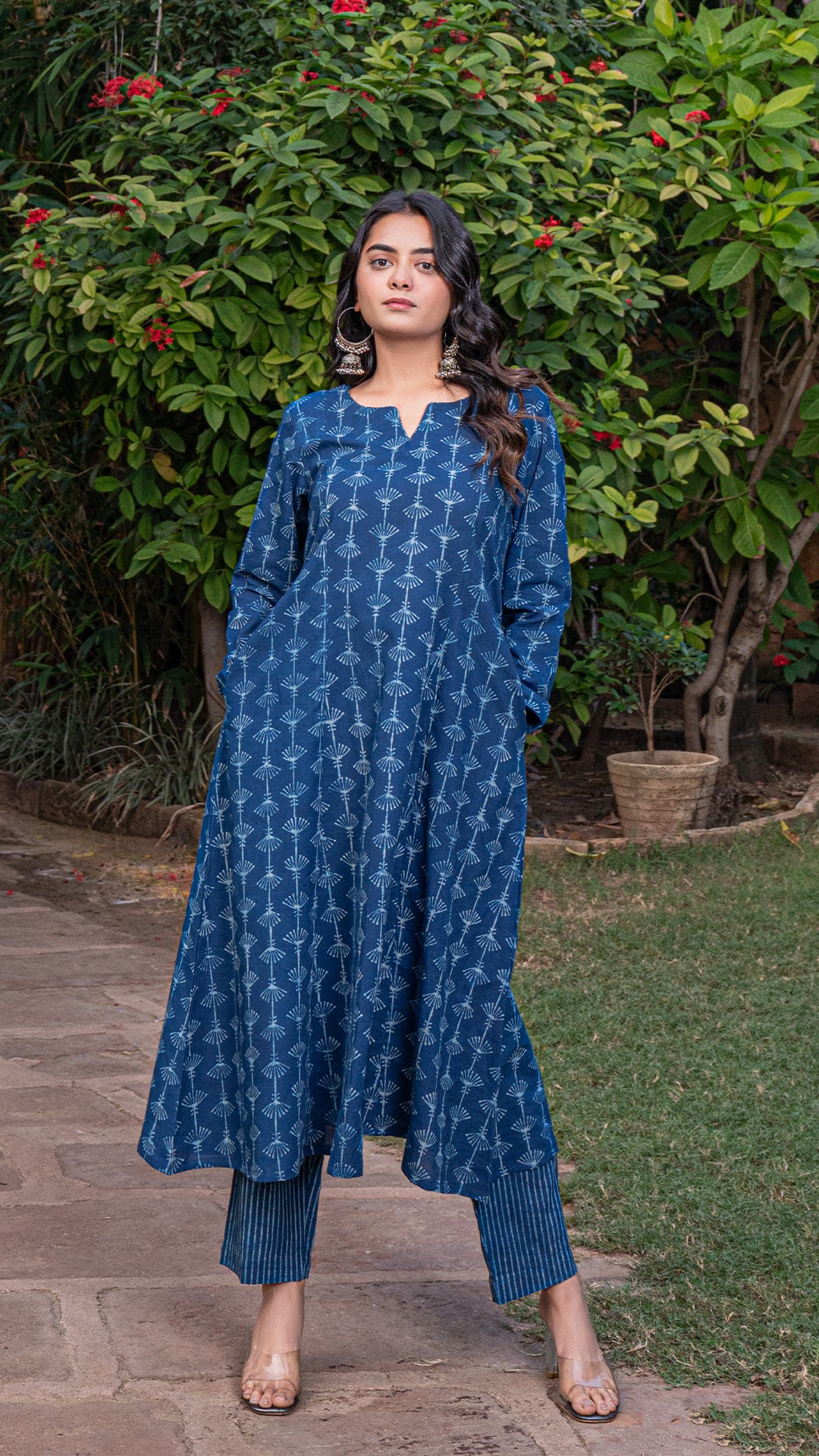 Aachal Dabu Dandelion Block Print Kali Kurta In Cotton