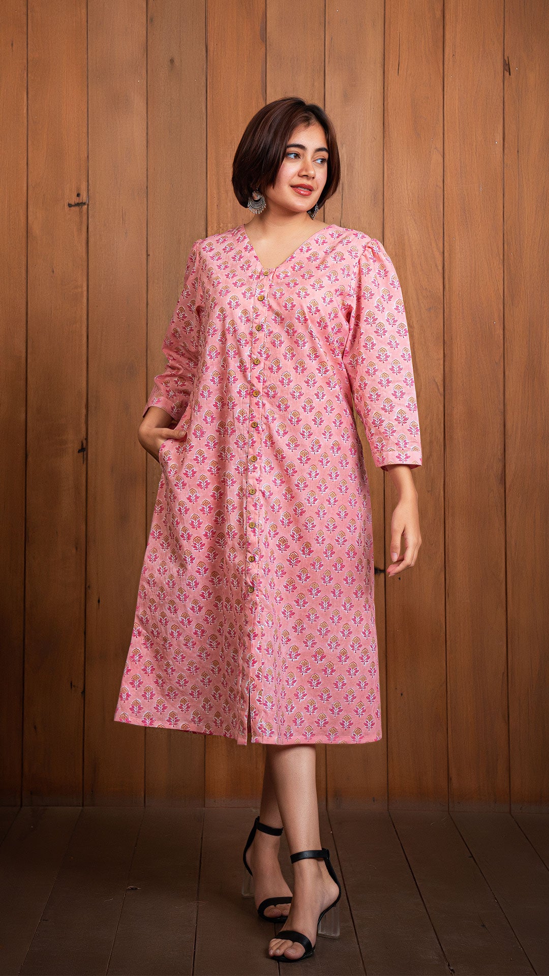 Aayushi Sanganeri Hand Block Cotton Shirt Dress - Peach