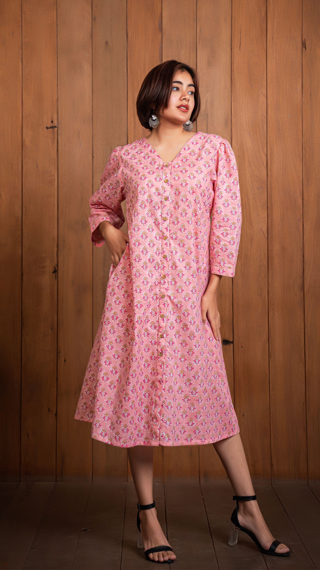 Aayushi Sanganeri Hand Block Cotton Shirt Dress - Peach