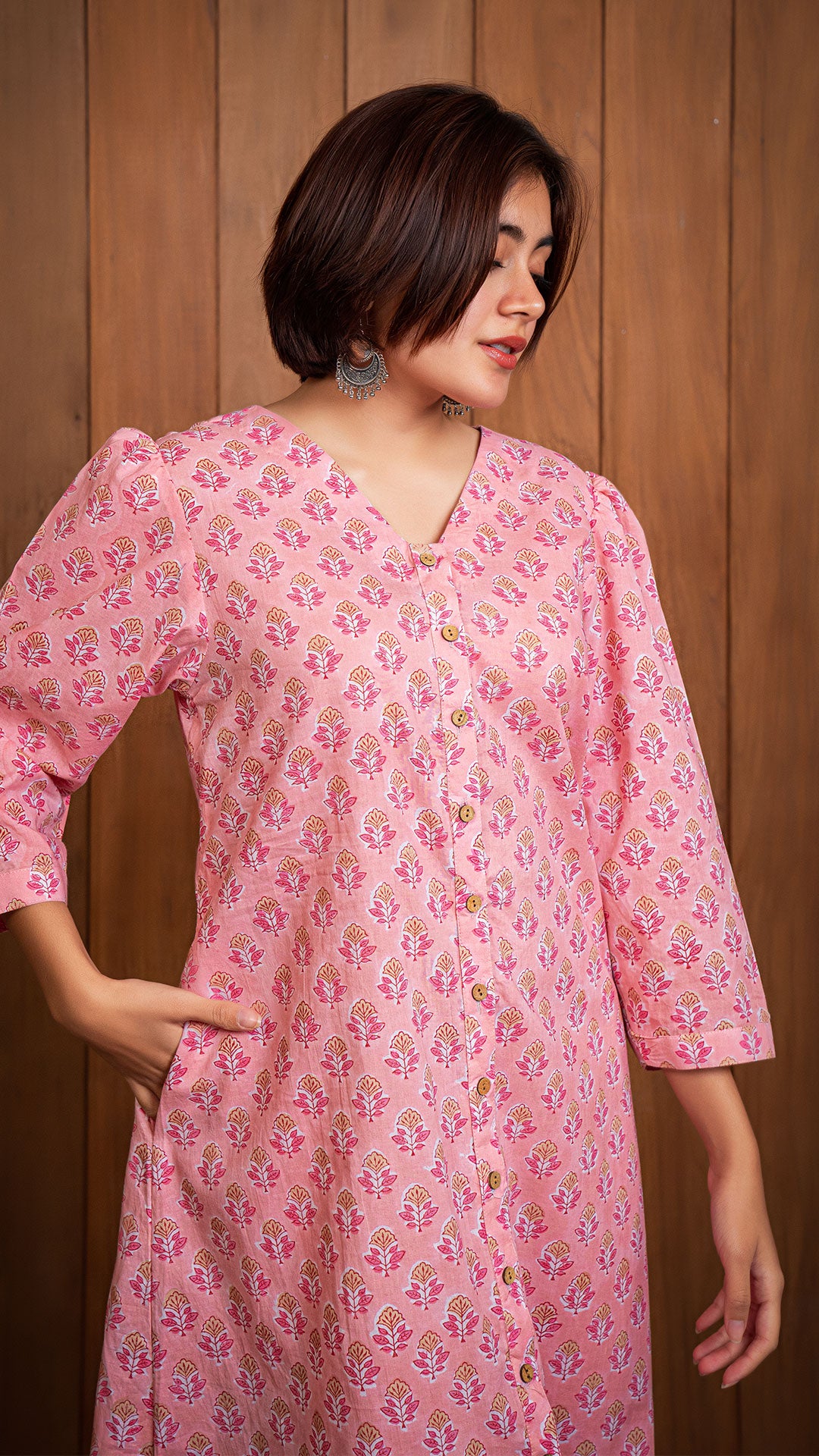 Aayushi Sanganeri Hand Block Cotton Shirt Dress - Peach