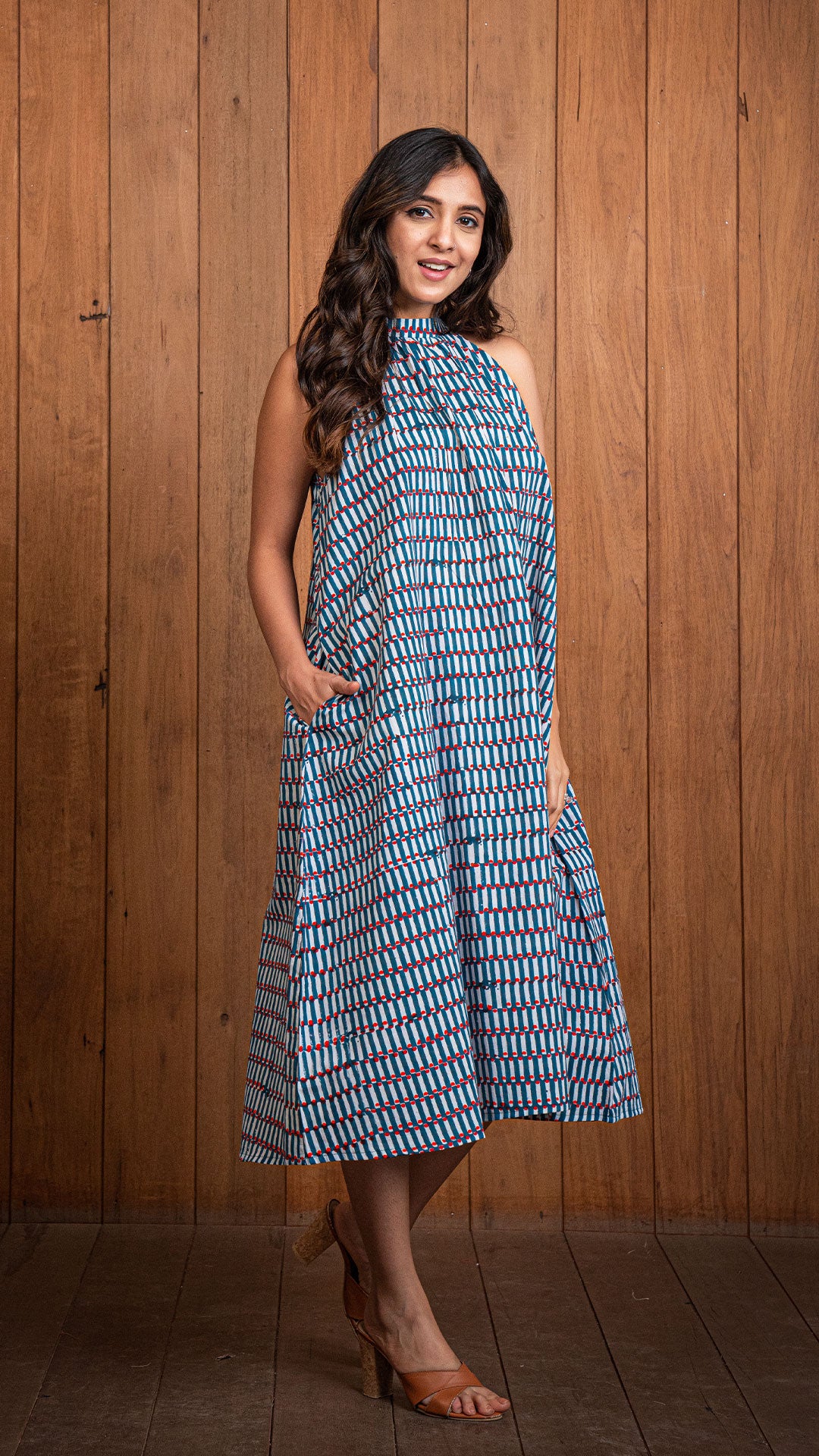 Mia Sanganeri Print Halter Neck Pleated Dress - Blue