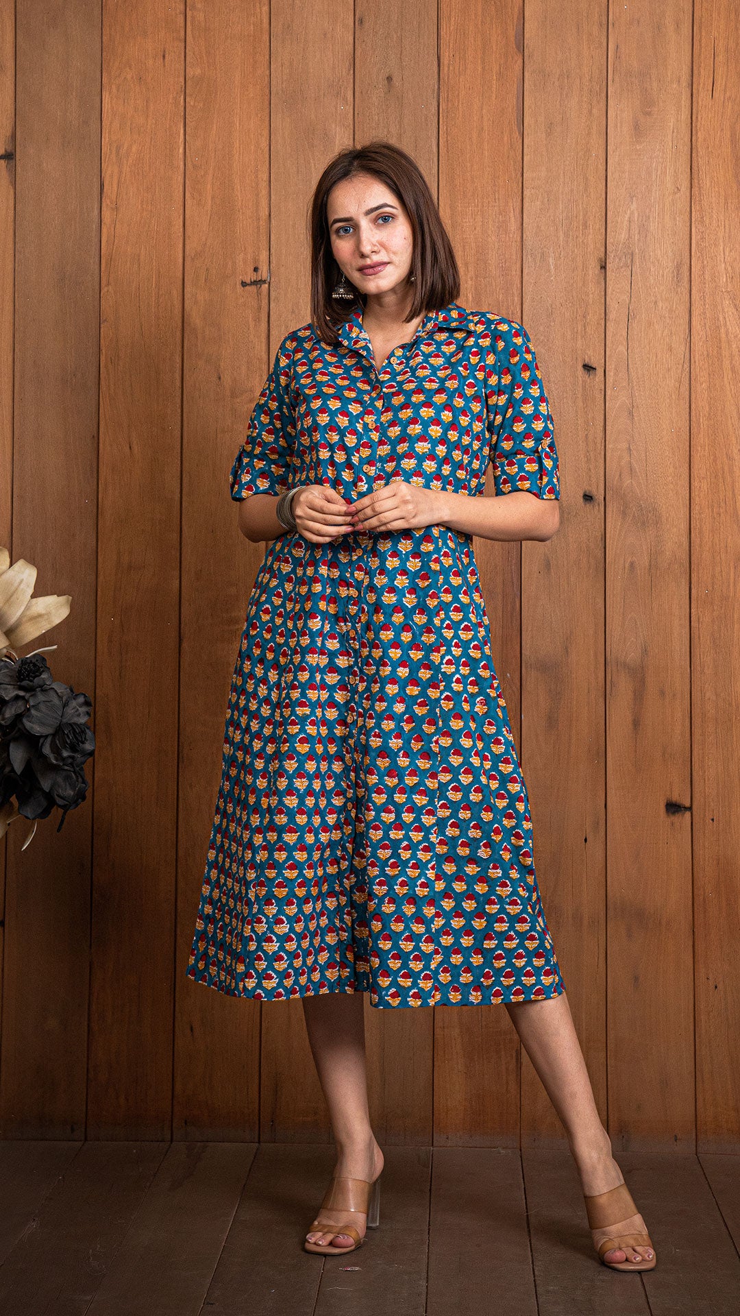 Shriya Sanganeri Hand Block Cotton Shirt Dress - Dark Blue