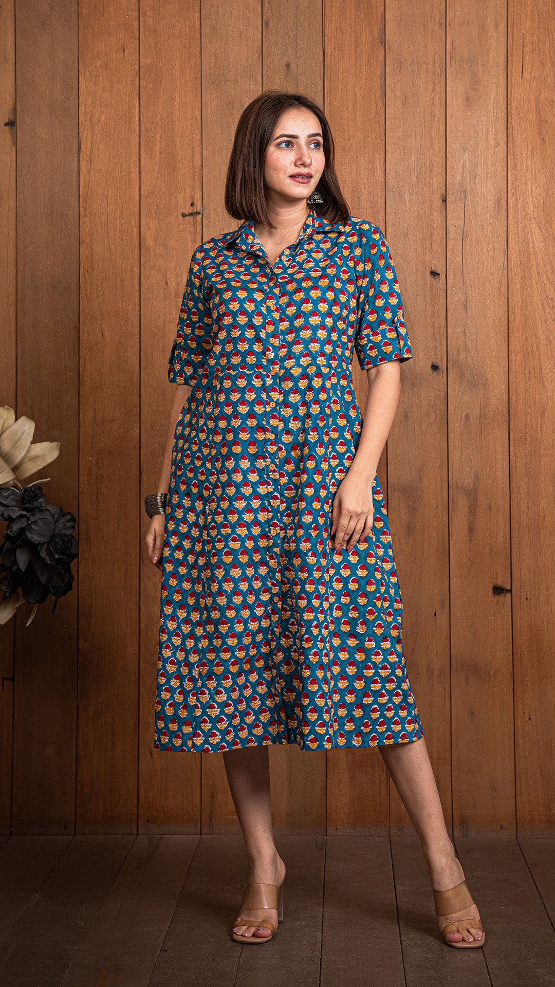 Shriya Sanganeri Hand Block Cotton Shirt Dress - Dark Blue