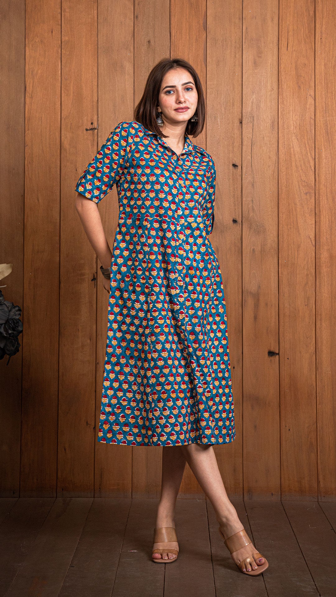 Shriya Sanganeri Hand Block Cotton Shirt Dress - Dark Blue