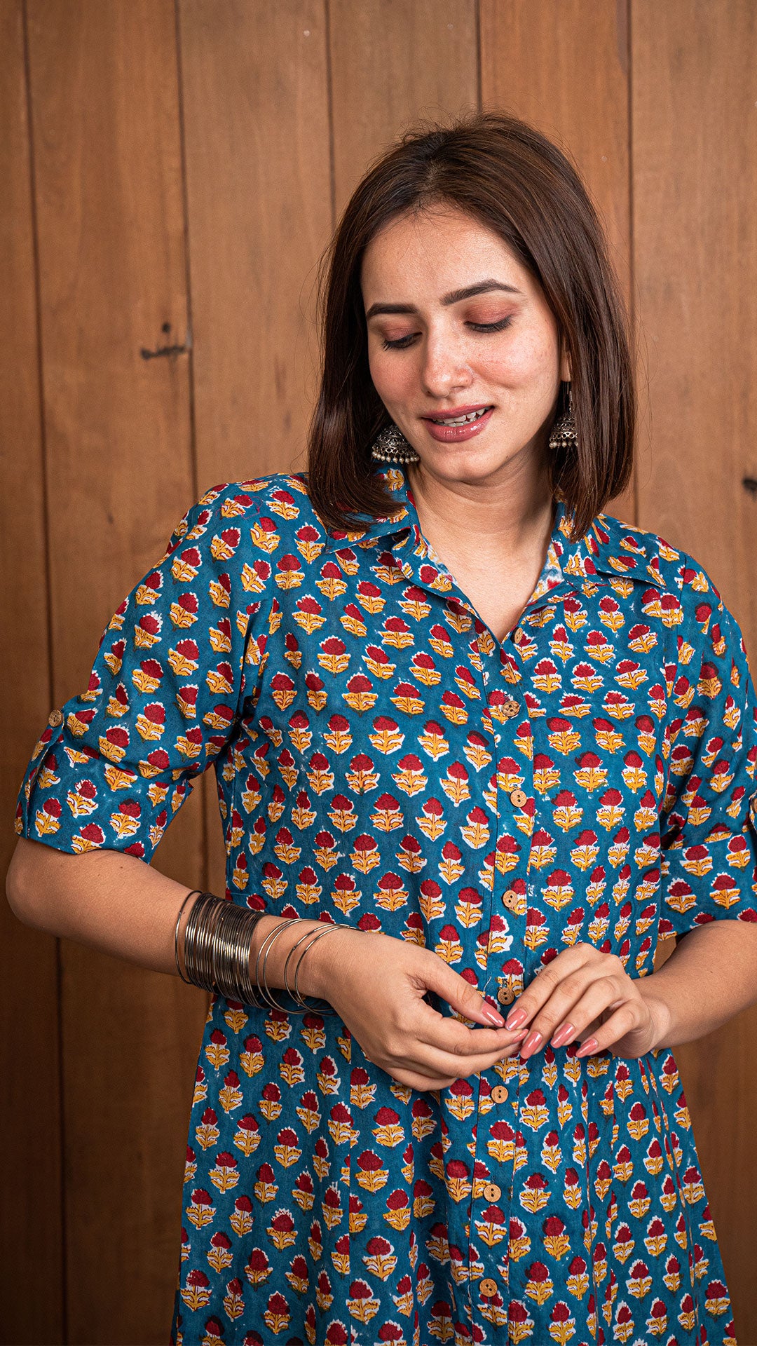 Shriya Sanganeri Hand Block Cotton Shirt Dress - Dark Blue