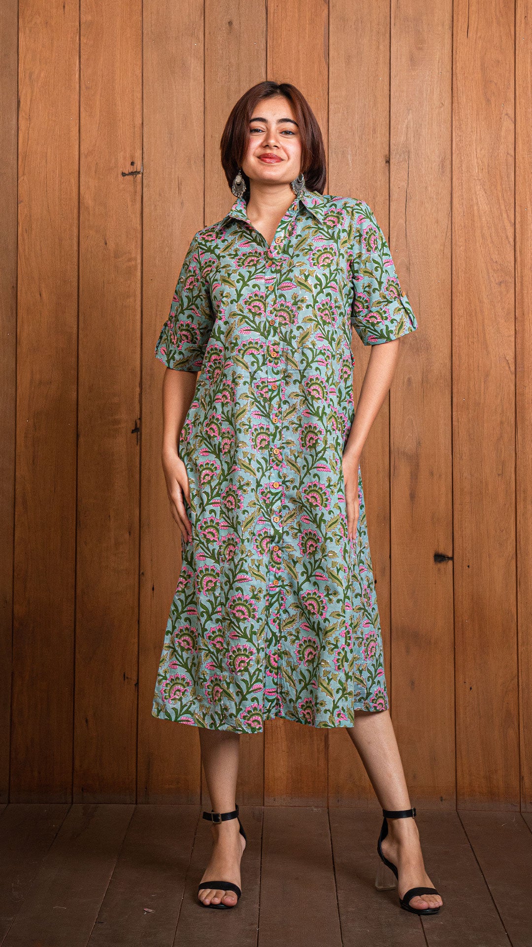 Summer Sanganeri Hand Block Cotton Shirt Dress - Green