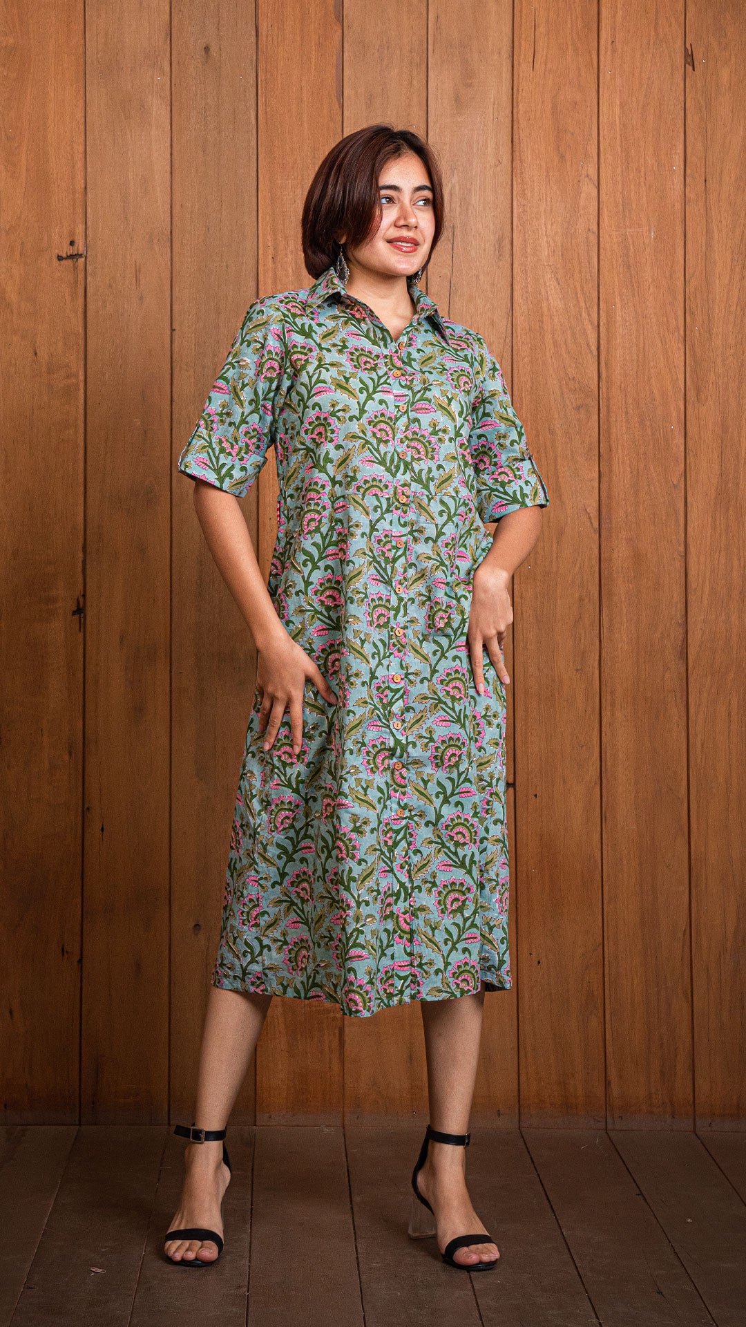 Summer Sanganeri Hand Block Cotton Shirt Dress - Green