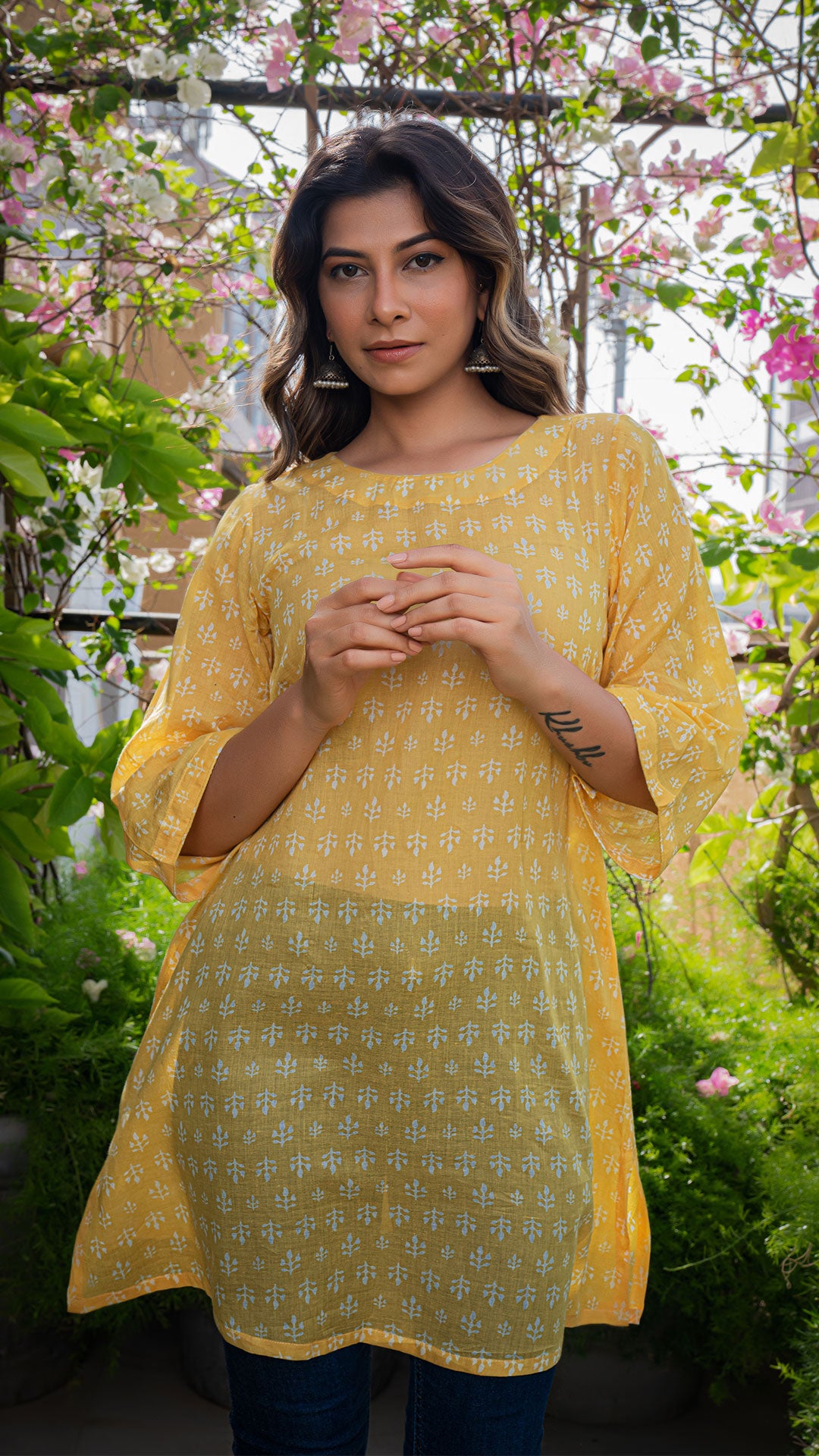 Aadrika Mul Cotton Short Top - Yellow