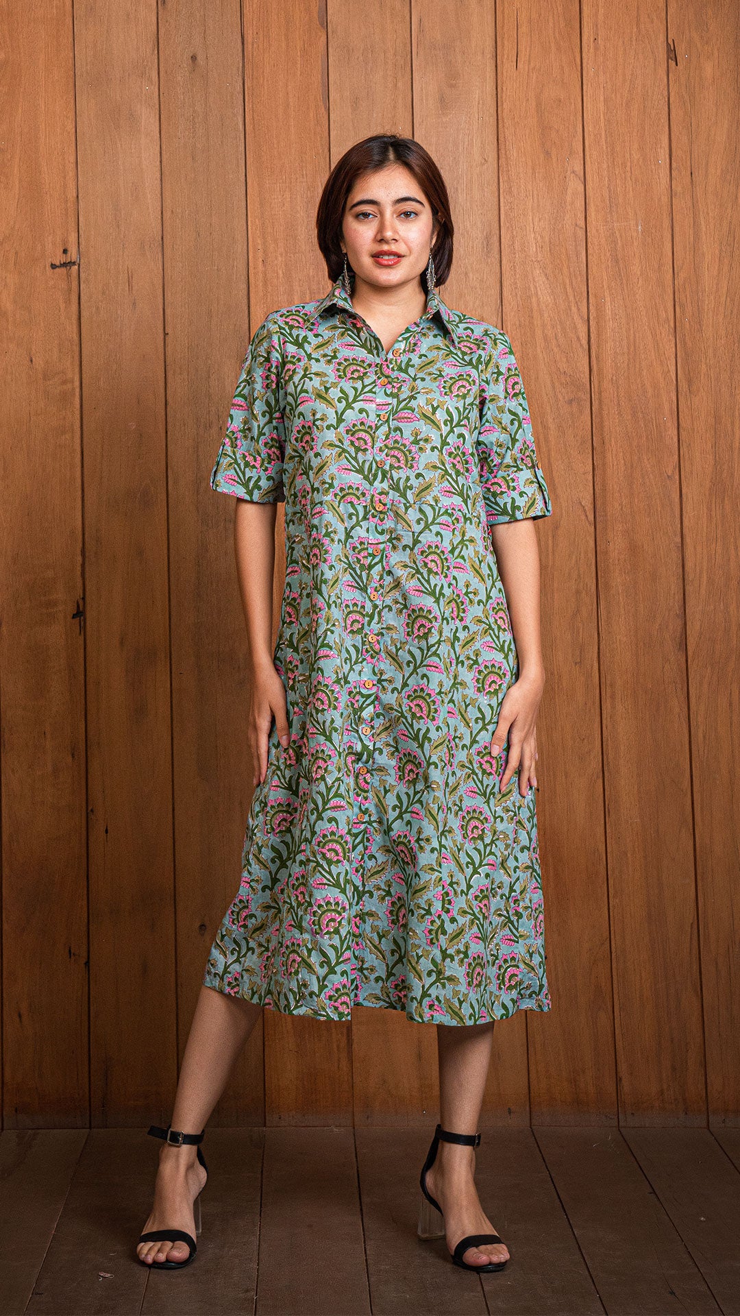 Summer Sanganeri Hand Block Cotton Shirt Dress - Green