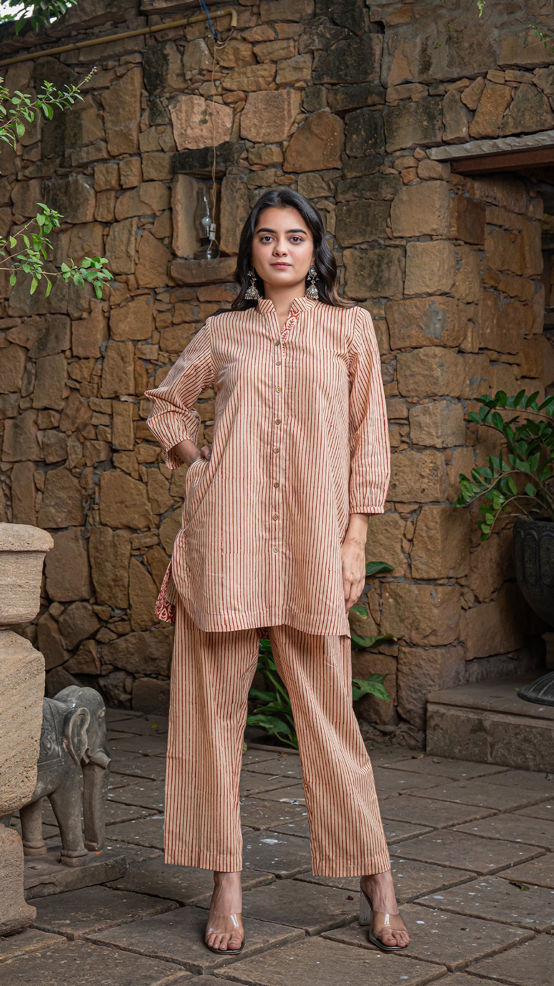 Mrinal Bagru Co-ord Set In Cotton - Rust Lining