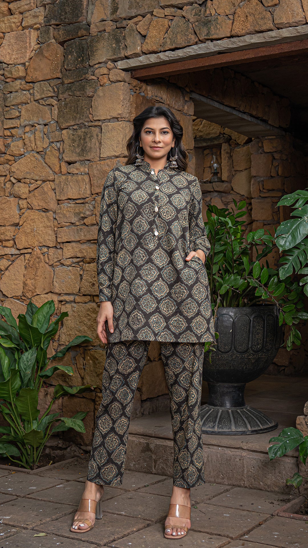 Ayeza Ajrakh Co-ord Set In Cotton - Charcoal