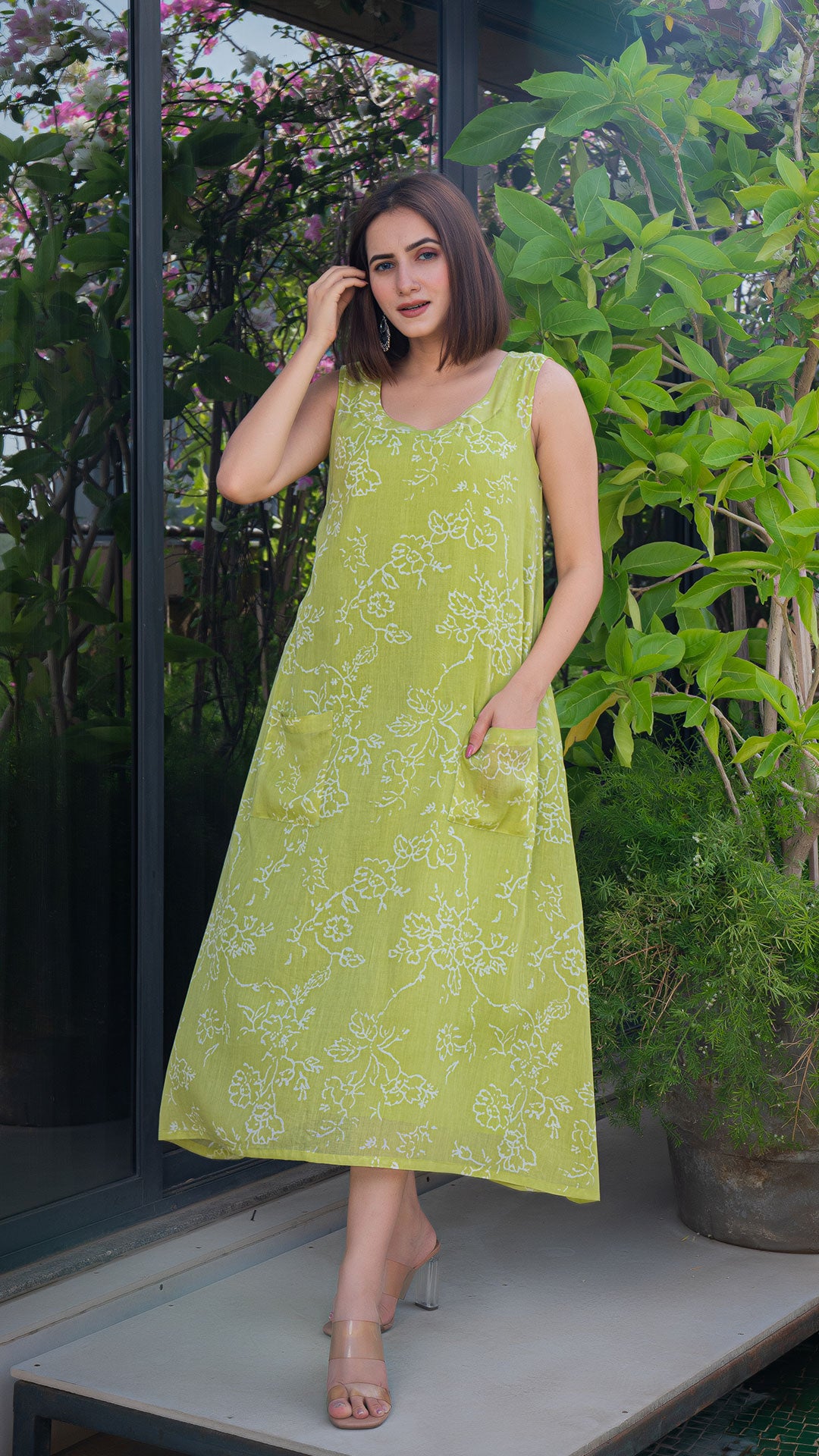 Prerna Mul Cotton Dress - Lime Green