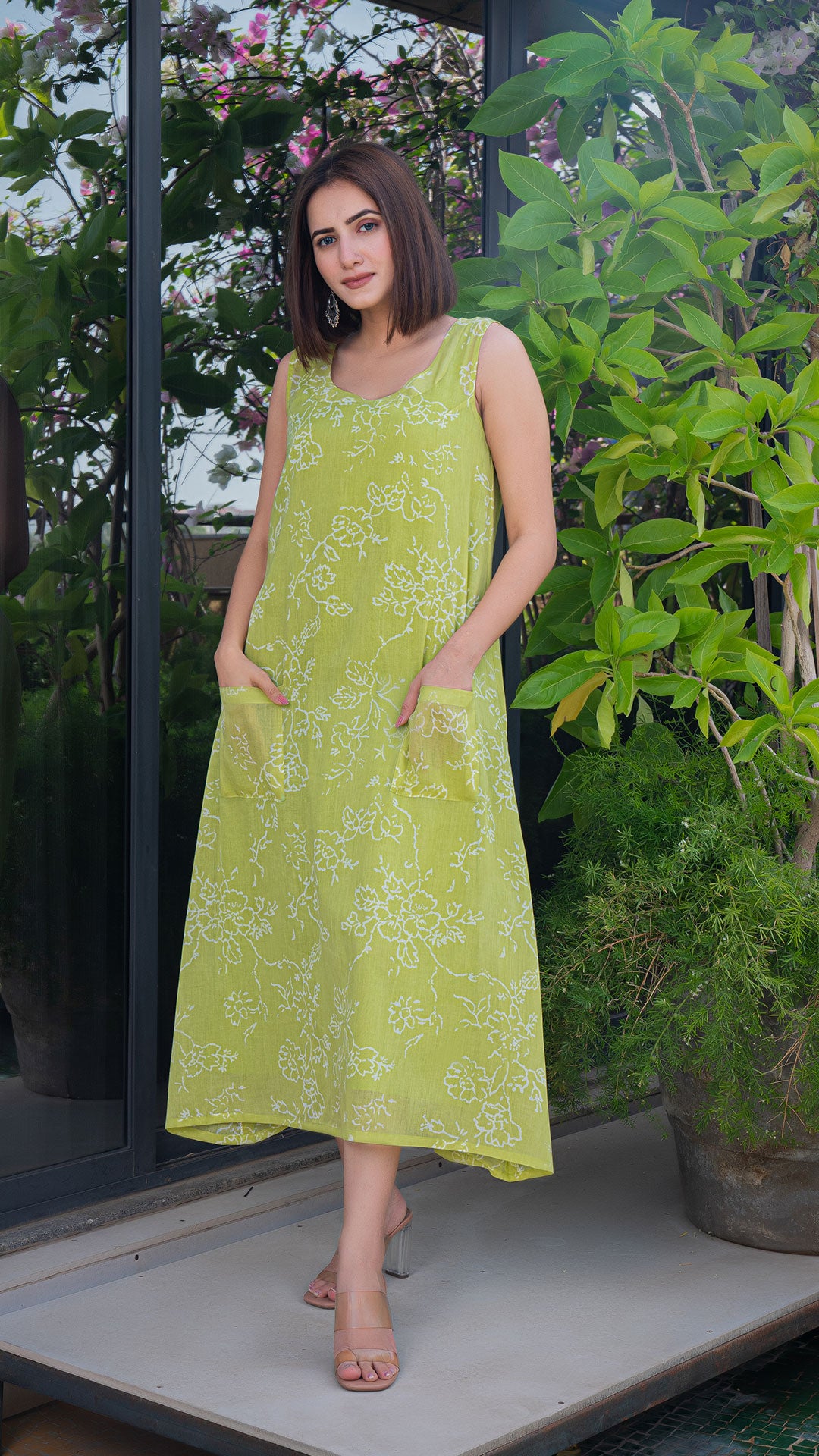 Prerna Mul Cotton Dress - Lime Green