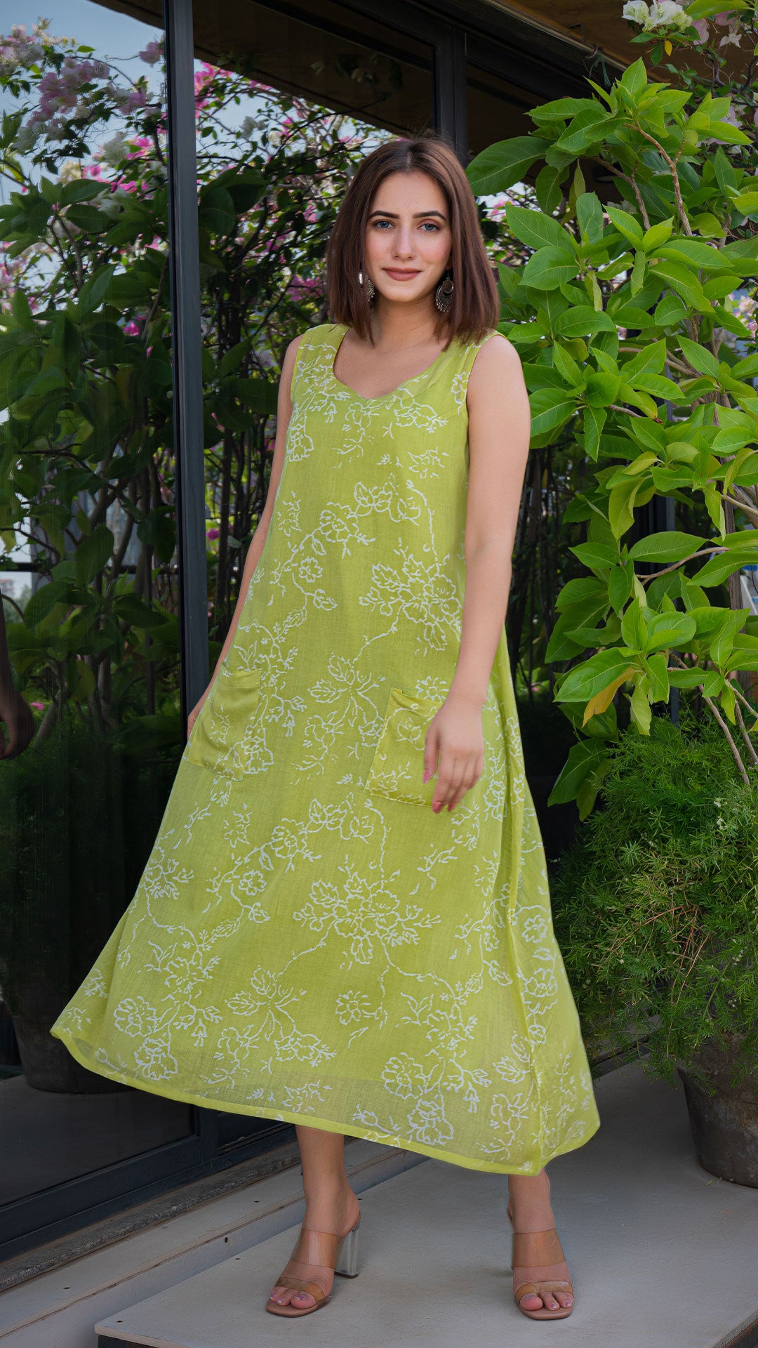 Prerna Mul Cotton Dress - Lime Green