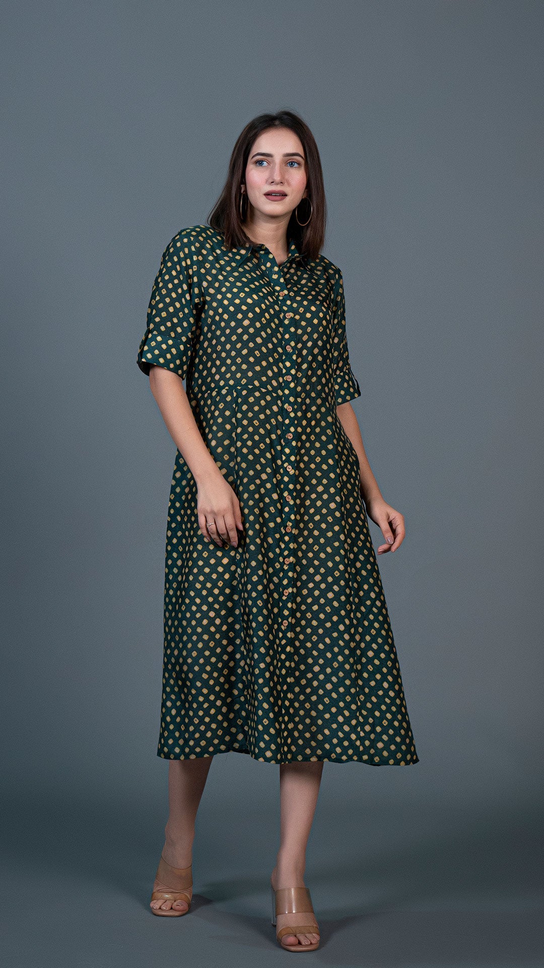 Dark Green Bandhani Print Cotton Silk Shirt Dress