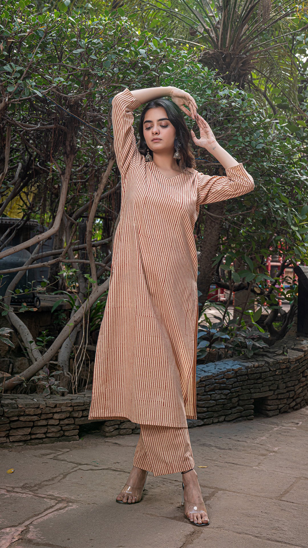 Shailee Bagru Hand Block Cotton Kurta - Rust Vertical Stripes