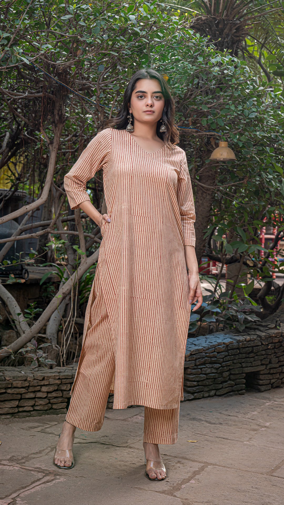 Shailee Bagru Hand Block Cotton Kurta - Rust Vertical Stripes