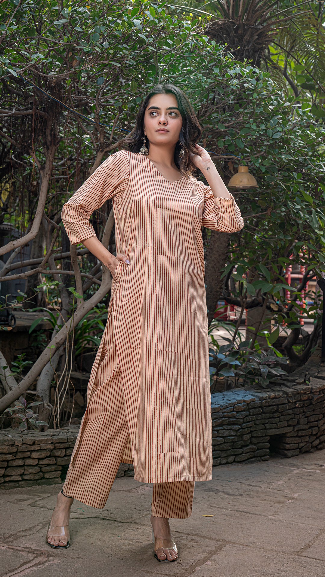 Shailee Bagru Hand Block Cotton Kurta - Rust Vertical Stripes