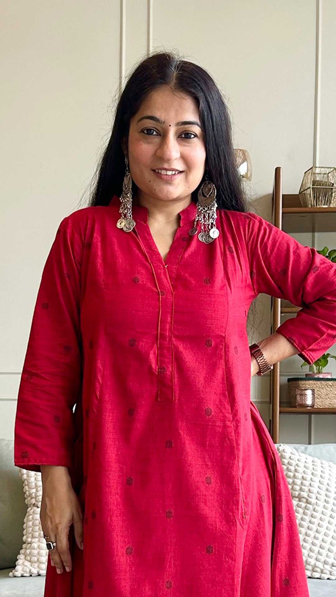 Simran Red Hand Woven Kali Cotton Kurta