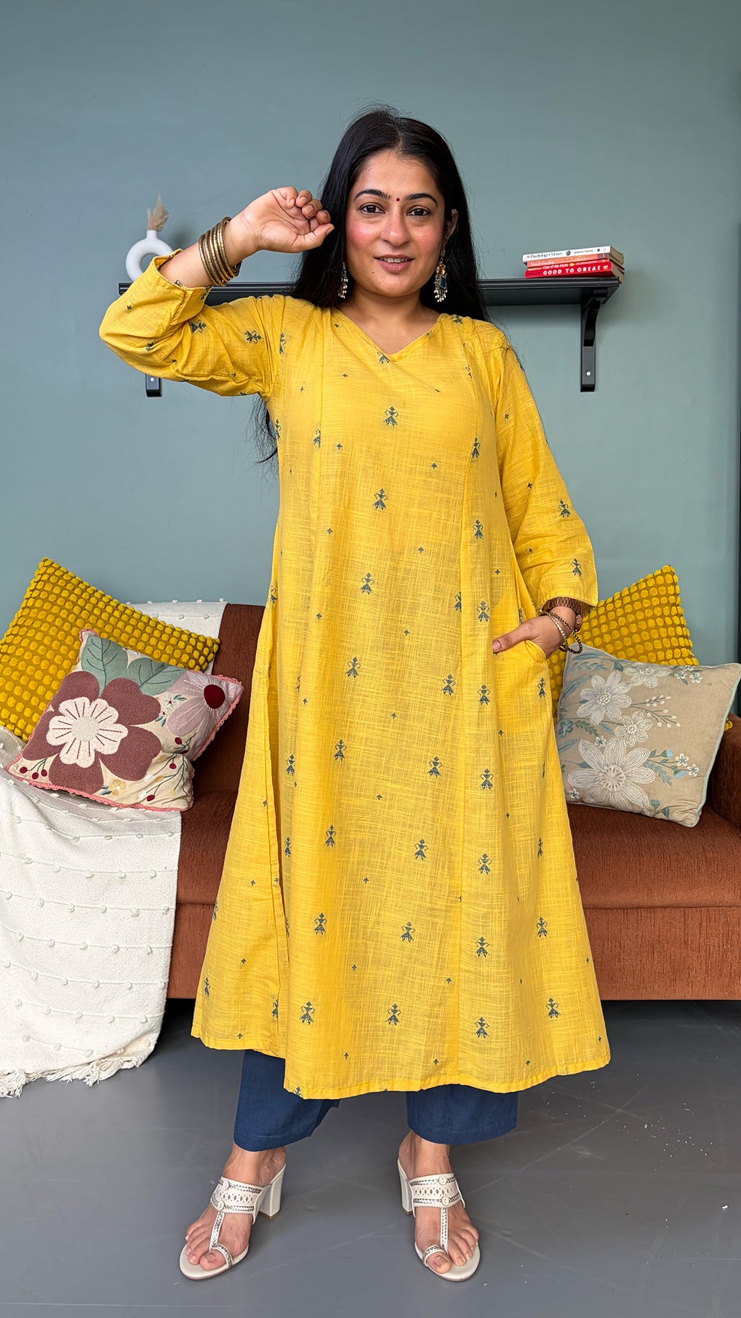 Nehal Yellow Hand Woven Kali Cotton Kurta