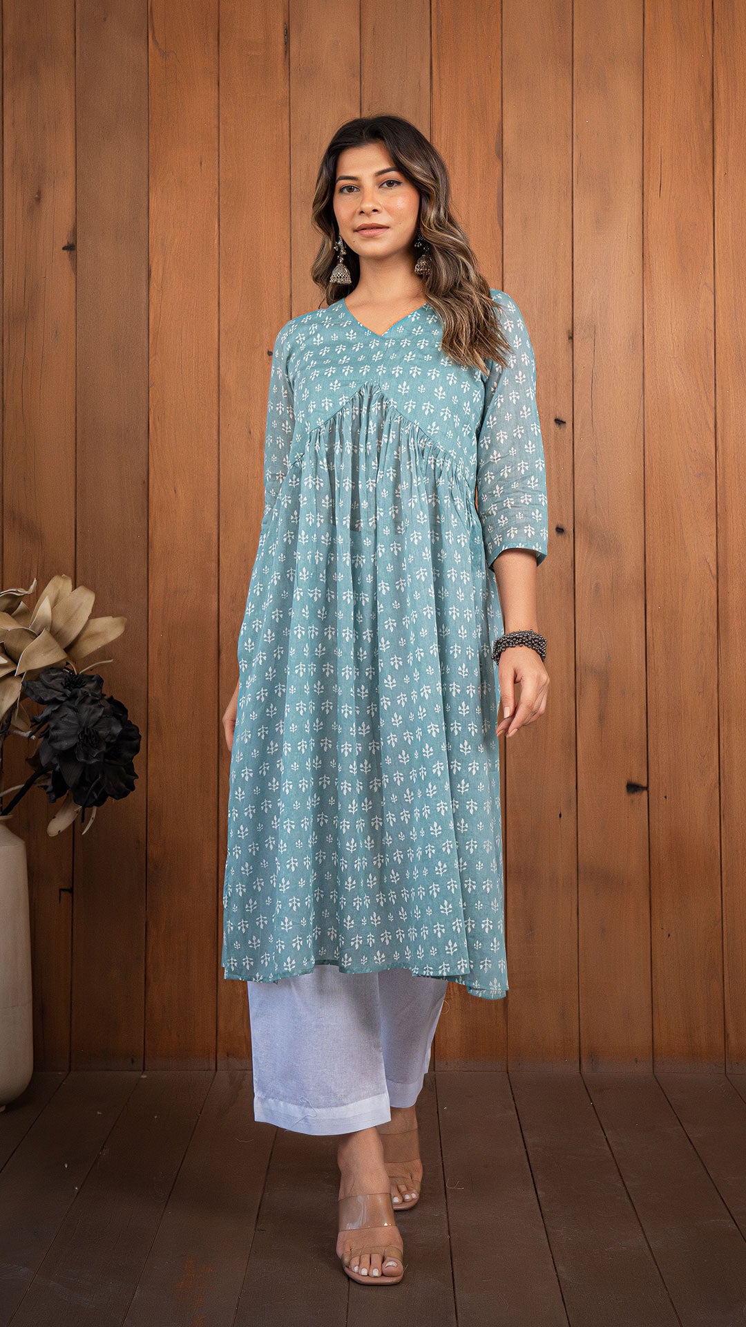 Brahmi Mul Cotton Kurta - Teal Blue