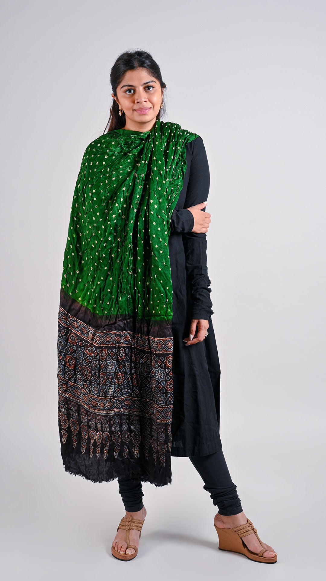 Green Bandhani Ajrakh Dupatta In Modal Silk