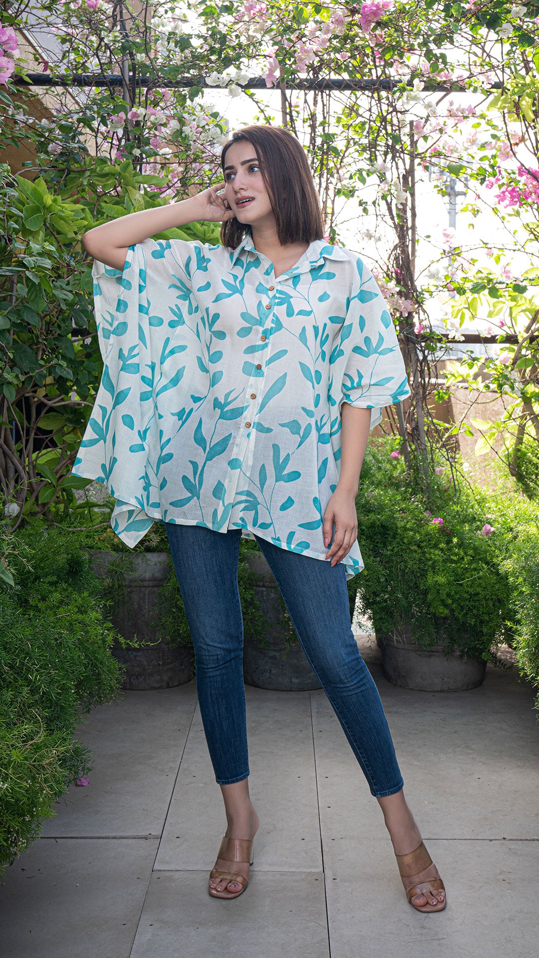 Maya Mul Cotton Short Top Kaftan - Blue