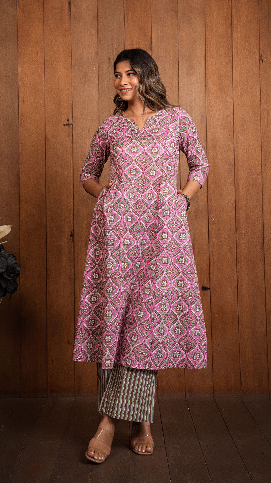 Sonam Sanganeri Hand Block Cotton Kali Kurta - Pink