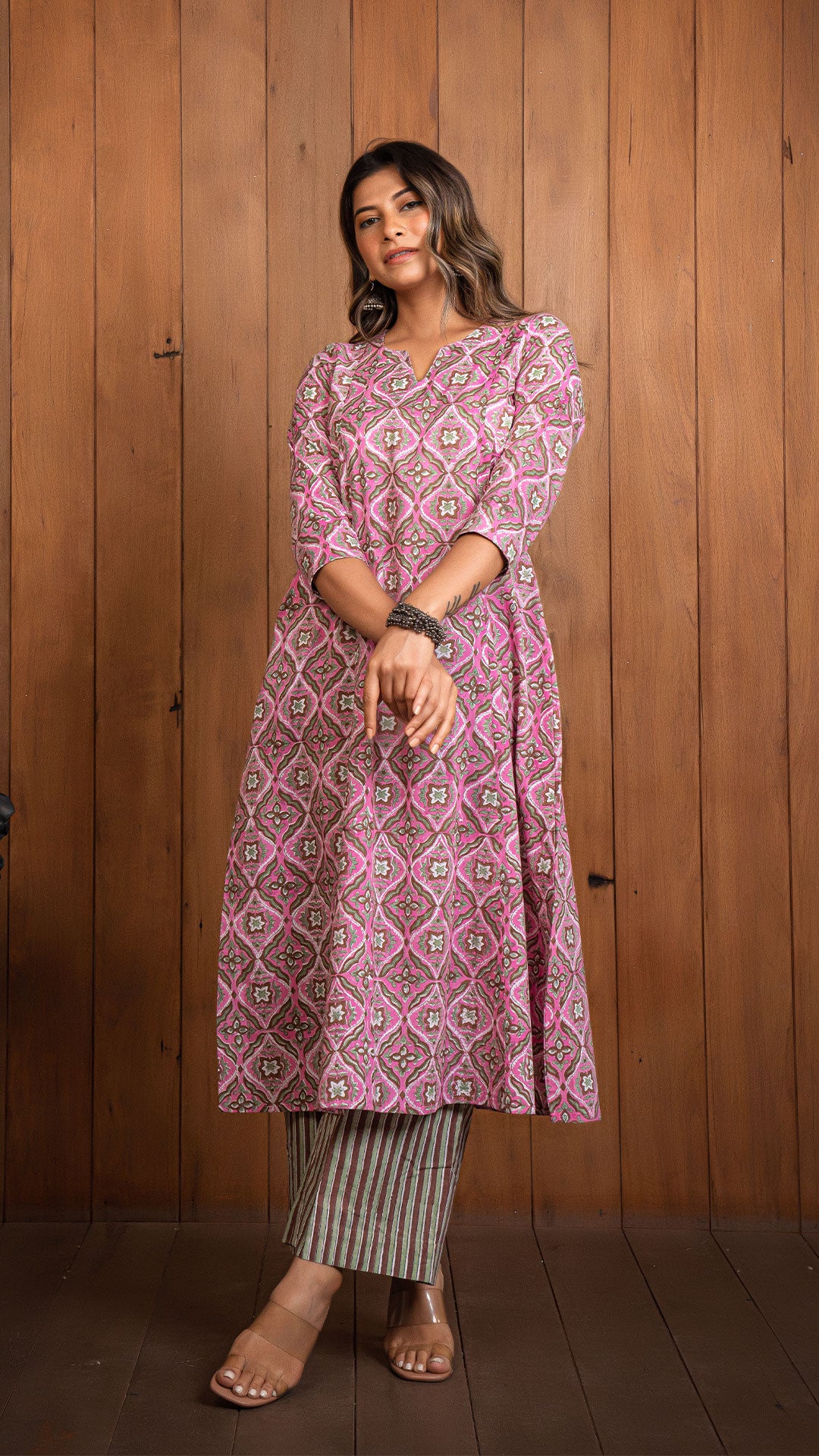 Sonam Sanganeri Hand Block Cotton Kali Kurta - Pink