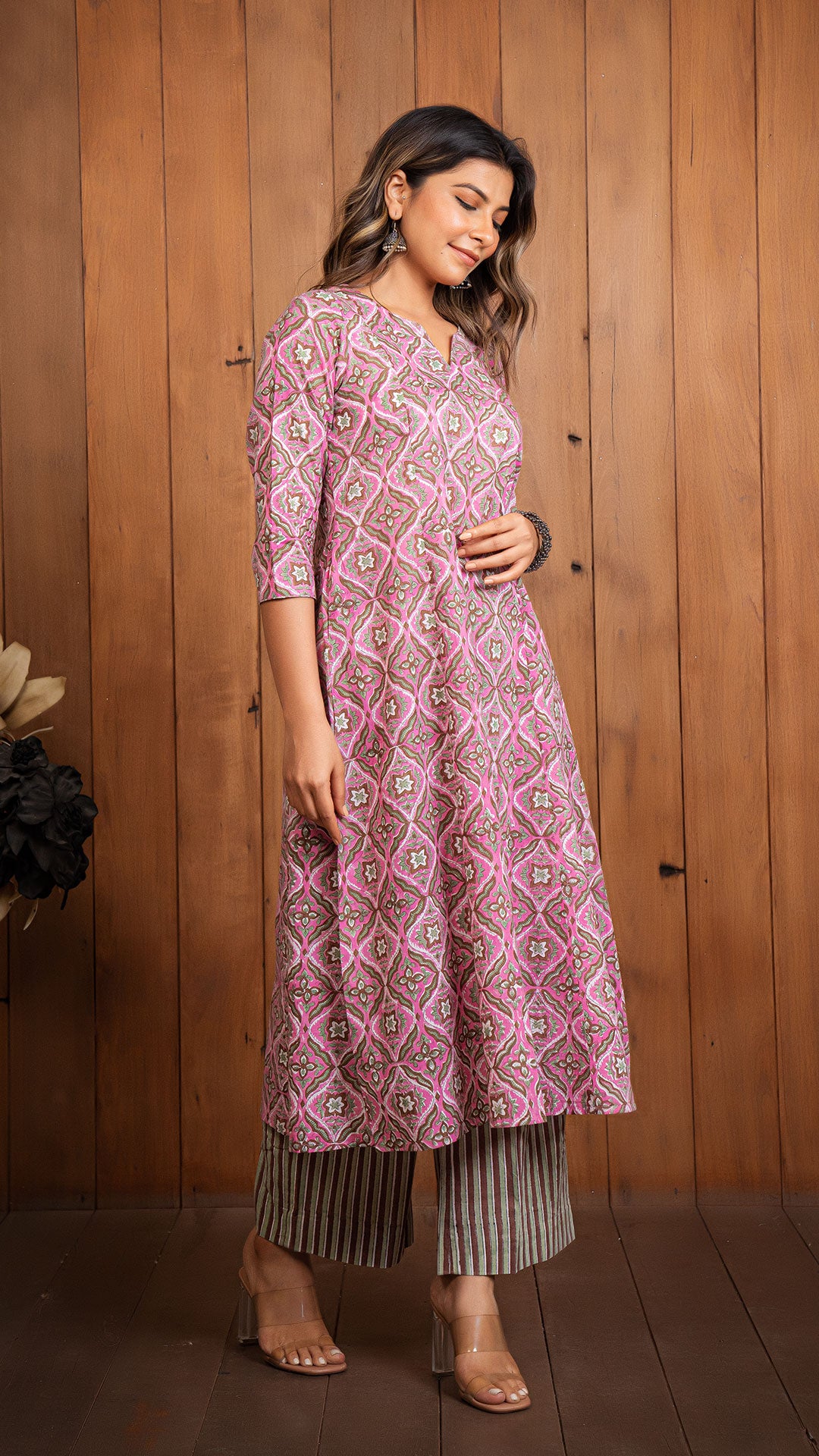 Sonam Sanganeri Hand Block Cotton Kali Kurta - Pink