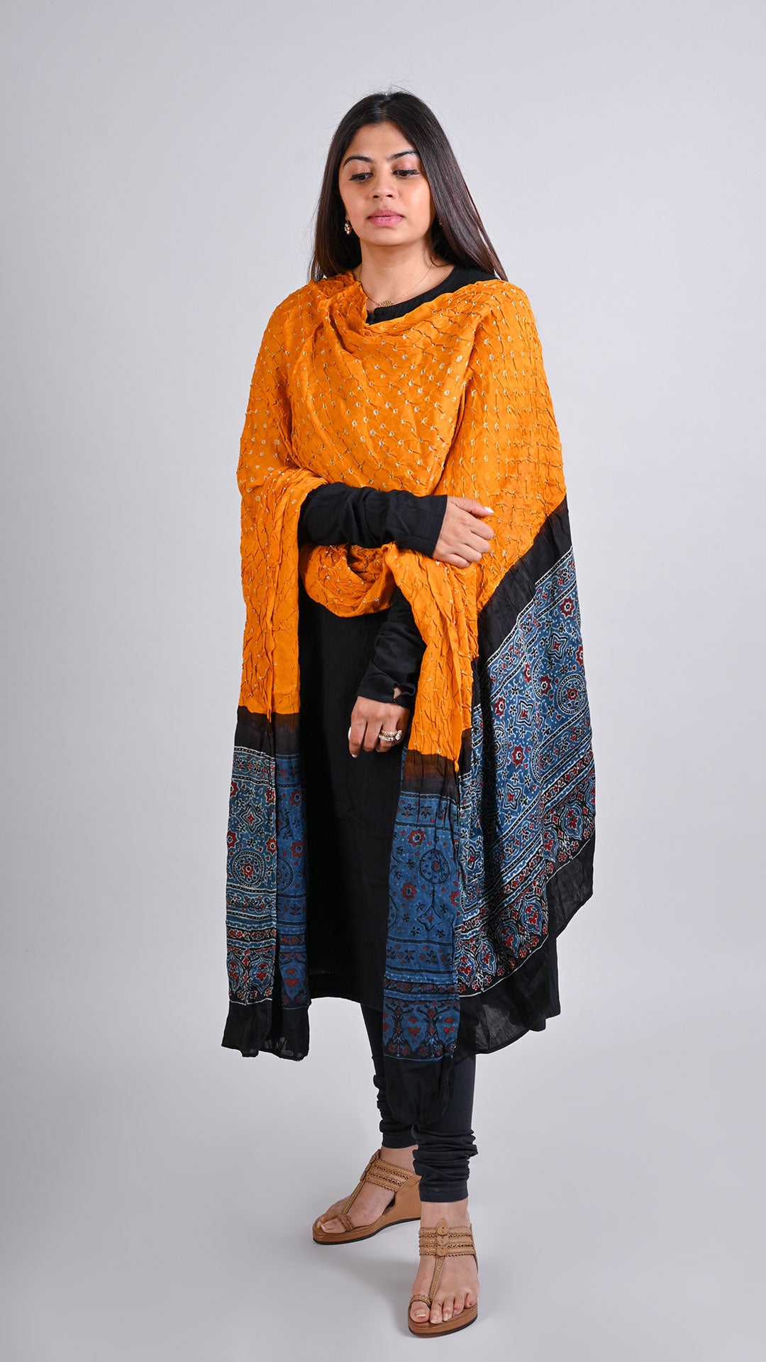 Yellow Bandhani Ajrakh Dupatta In Modal Silk