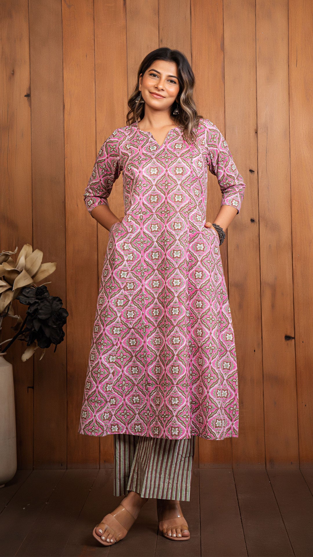 Sonam Sanganeri Hand Block Cotton Kali Kurta - Pink