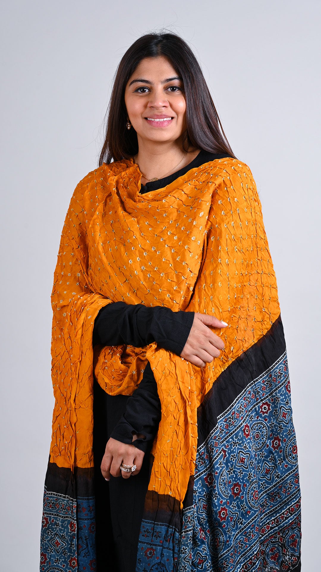 Yellow Bandhani Ajrakh Dupatta In Modal Silk