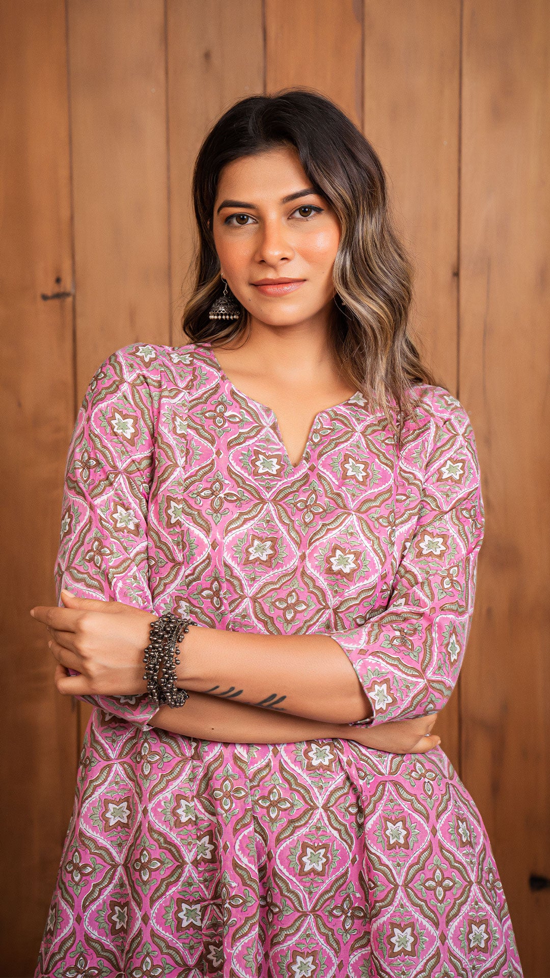 Sonam Sanganeri Hand Block Cotton Kali Kurta - Pink