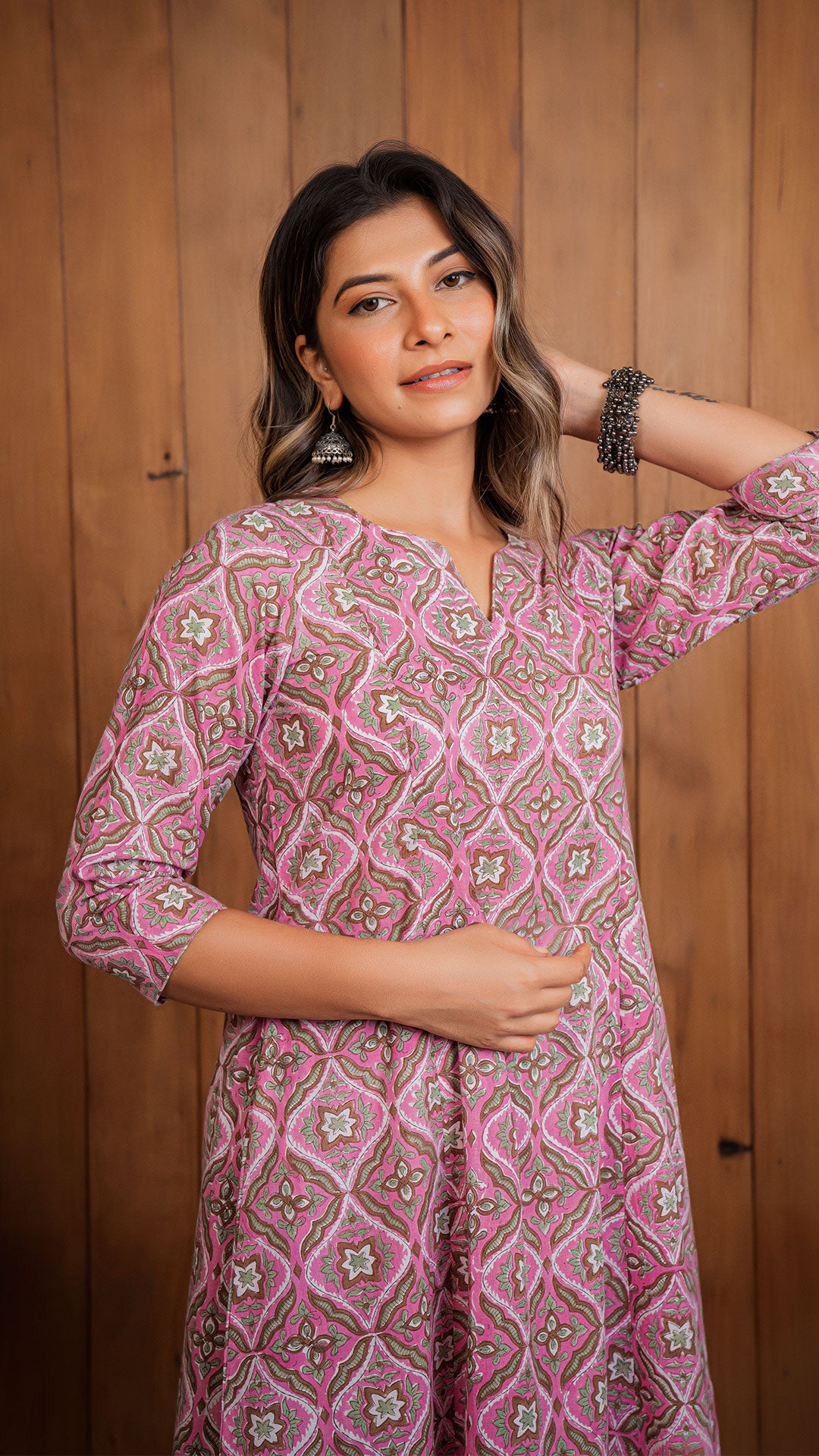 Sonam Sanganeri Hand Block Cotton Kali Kurta - Pink