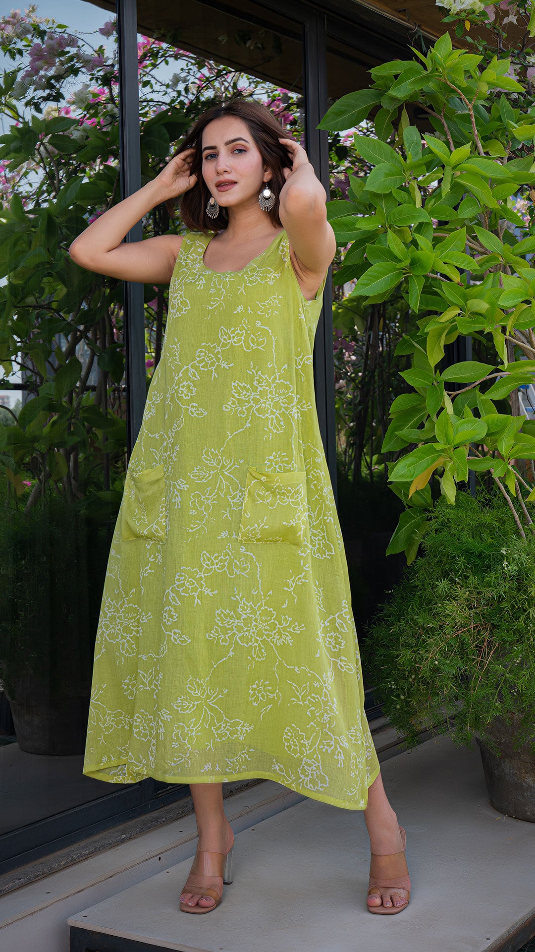 Prerna Mul Cotton Dress - Lime Green