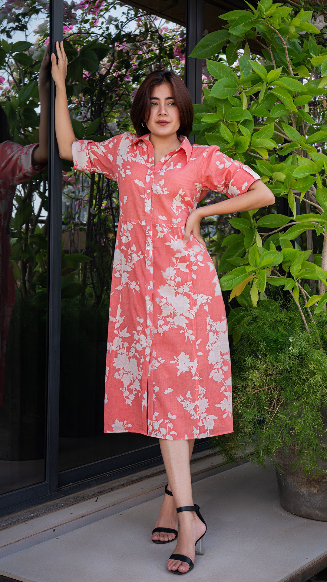 Koel Mul Cotton Shirt Dress - Coral Peach