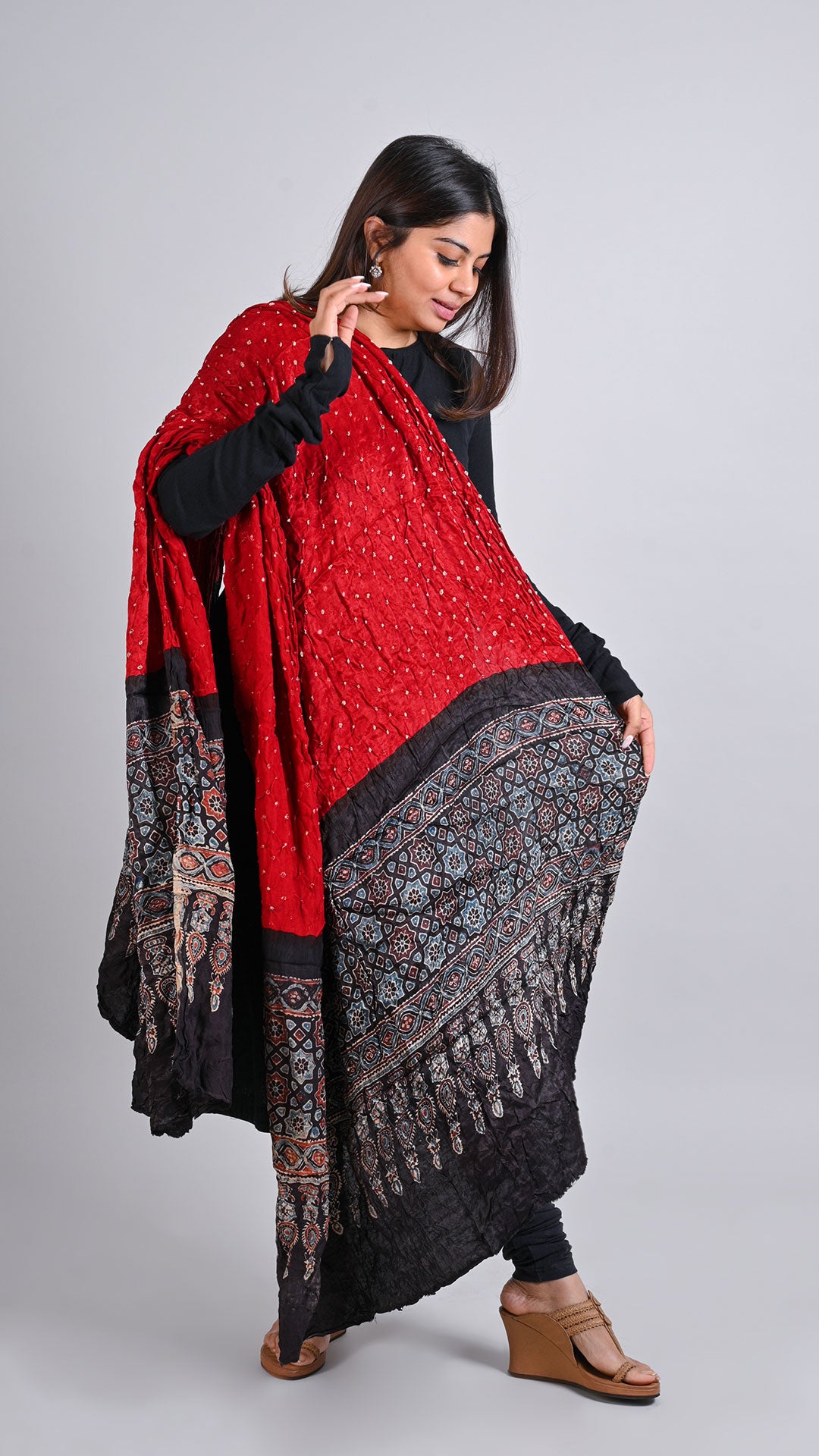 Red Bandhani Ajrakh Dupatta In Modal Silk