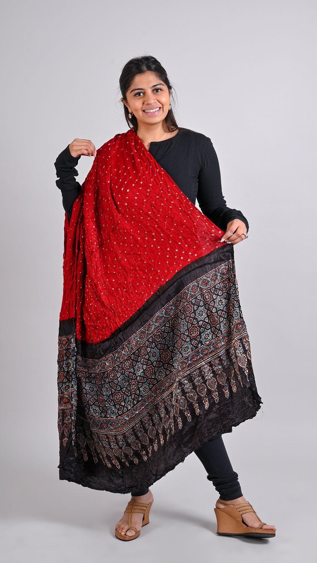 Red Bandhani Ajrakh Dupatta In Modal Silk